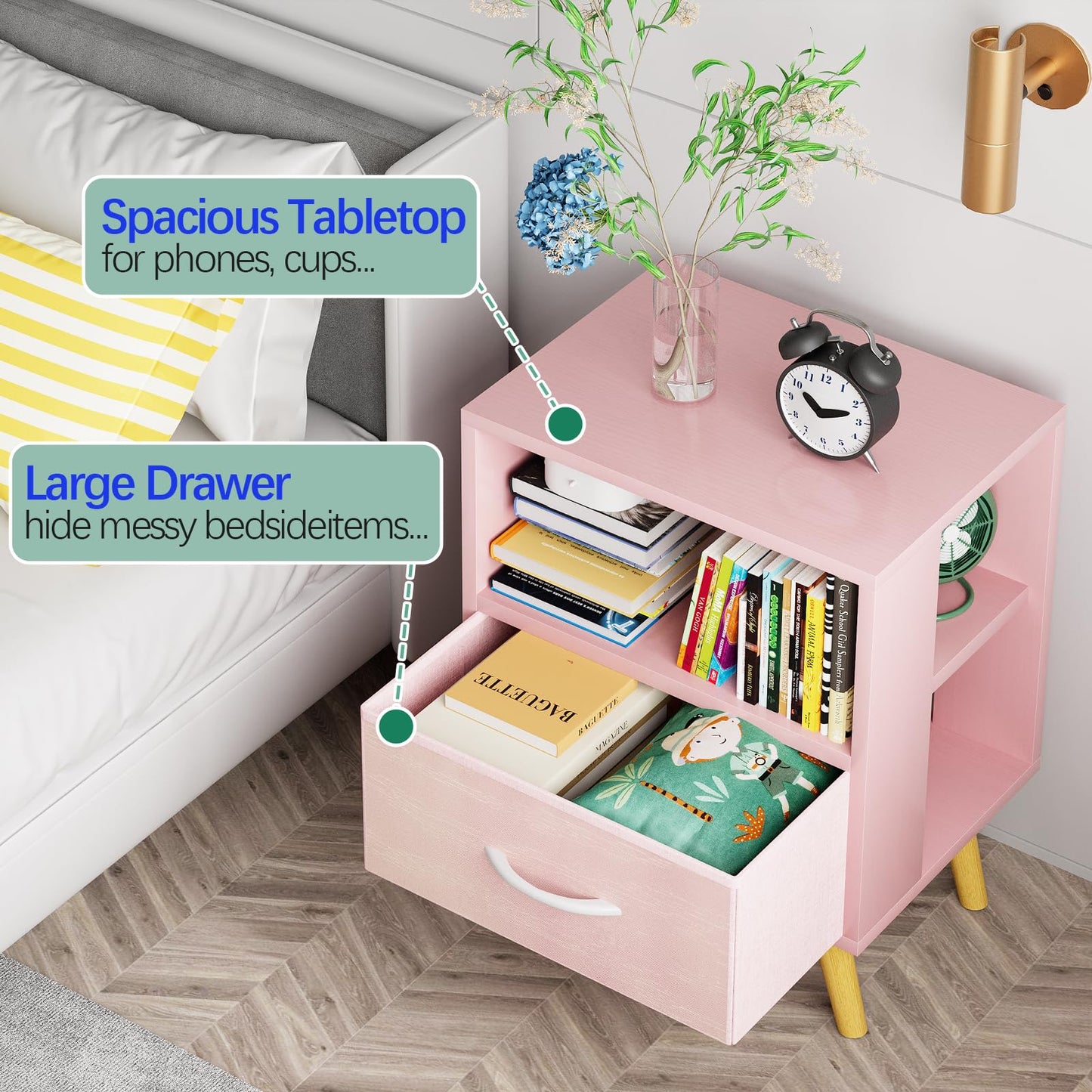 Aenuert Night Stand, Pink Kids Nightstand with Drawer, Nursery Side Table with Open Storage, 2-Tier Modern End Table, Bedside Table for Small Space, Living Room, Bedroom