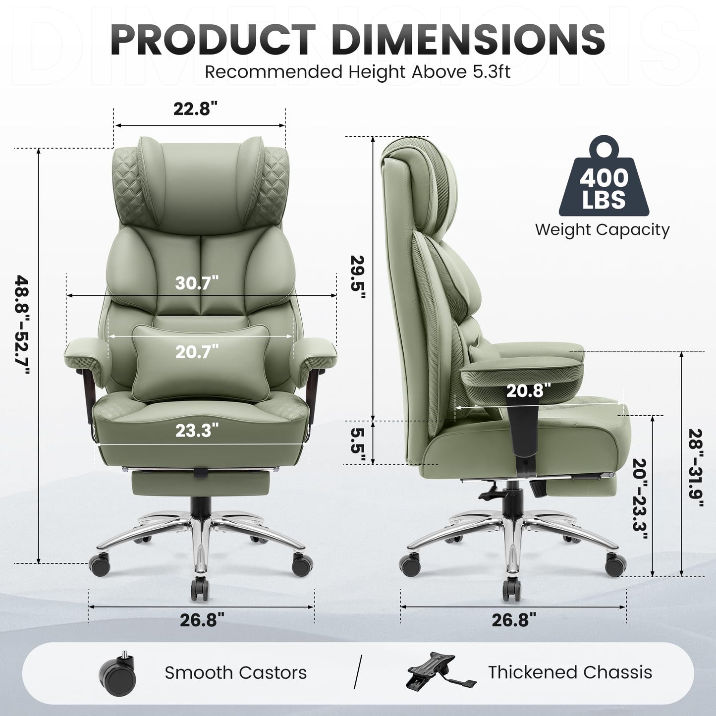 BestGlory Office Desk Chair, Big and Tall Leather Gaming Chair with Footrest, Wide Ergonomic Comfy Executive High-Back Reclining Computer Chairs, Swivel Rolling Wheels and Padded Lumbar Support, Green