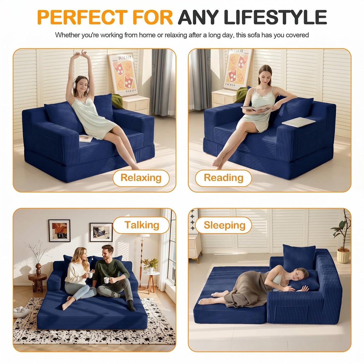 Erament Boneless Loveseat Convertible Sofa Bed, Folding Floor Futon Sleeper Sofa Couch Bed- Boneless Foldable Couch, Corduroy Pull Out Sofa Bed with 2 Pillows for Living Room & Bedroom