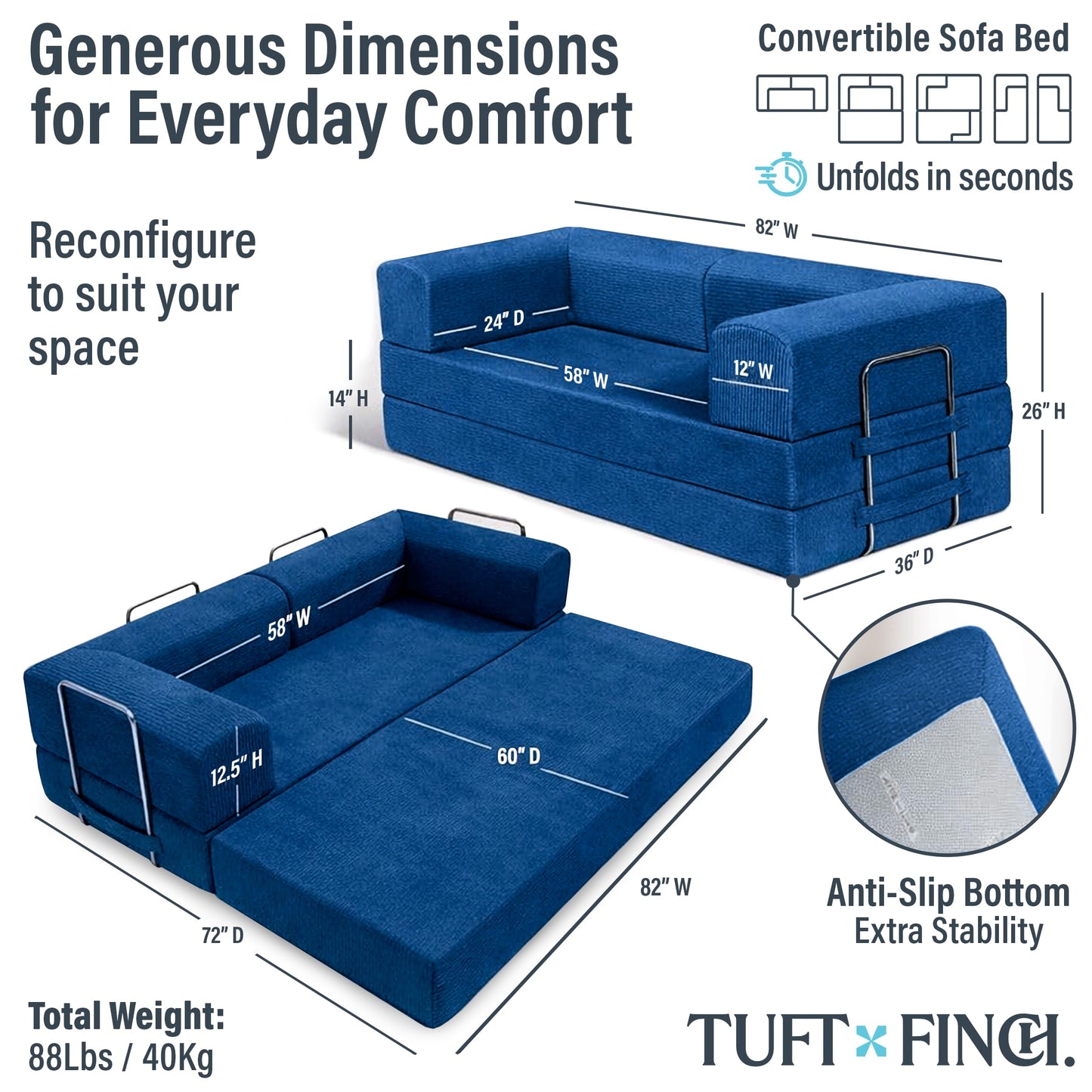 TUFT & FINCH Bali Blue Boneless Couch Sofa Bed - 82" Modular Corduroy Convertible Sleeper Sofa for Living Room – 3 Seater Folding Couch Bed, Pet-Friendly Removable Washable Covers - CertiPUR-US Foam