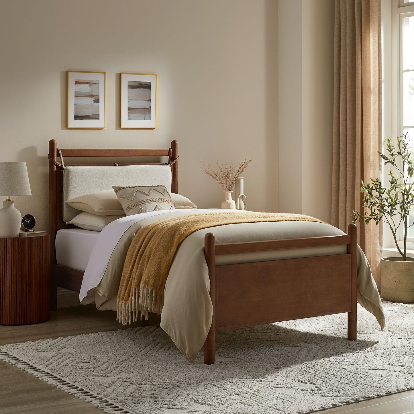 Modway Leni Twin Size Wood Platform Bed Frame in Walnut Heathered Ivory