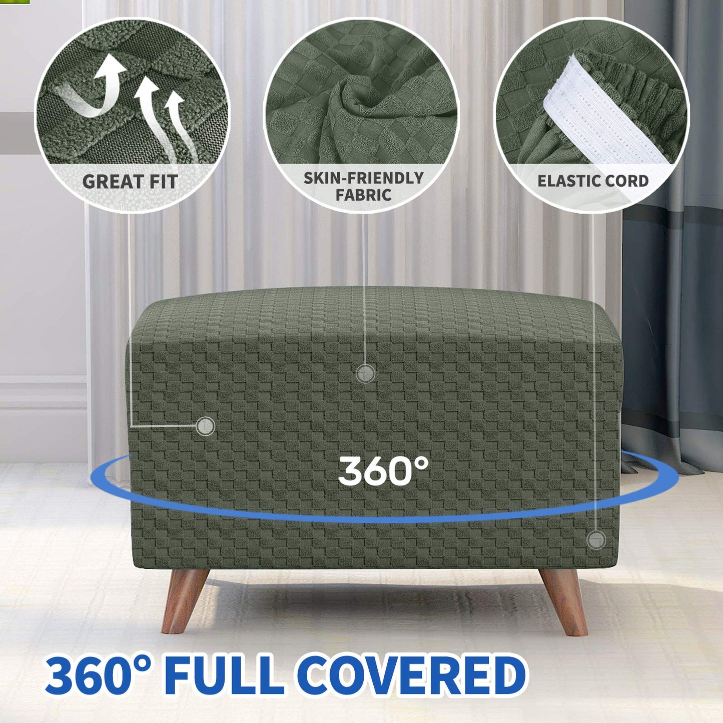 MAXIJIN Jacquard Ottoman Cover Slipcovers Folding Storage Stool Furniture Protector Cover Soft Thick Rectangle Foot Rest Slipcover with Elastic Bottom (Ottoman X-Large, Army Green)