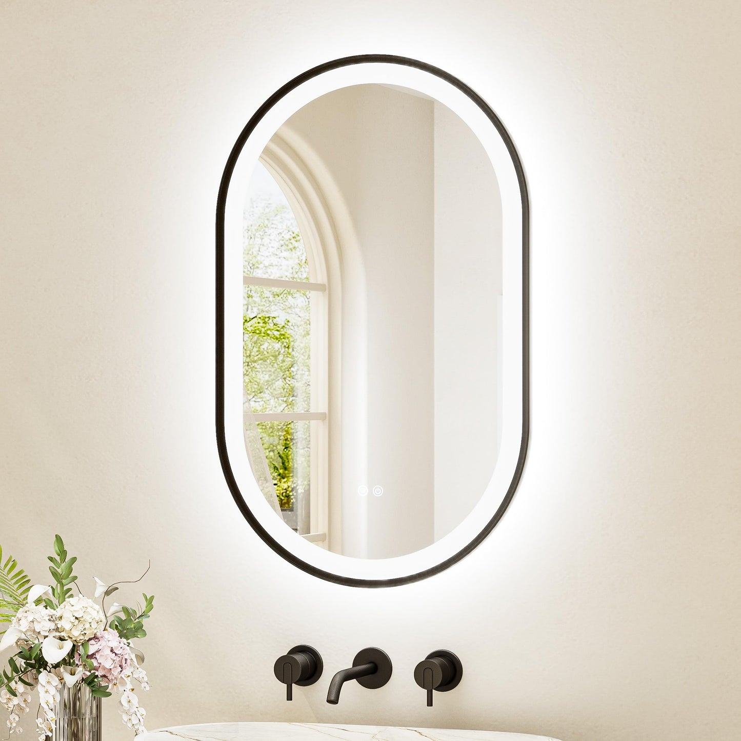 TETOTE Oval Led Lighted Bathroom Mirror Matte Black Frame 20" x 32" Front and Backlit Oval Light up Vanity Mirror with Lights, 3 Color Illuminated Dimmable Anti Fog Wall Mount, IP54 CRI 90+