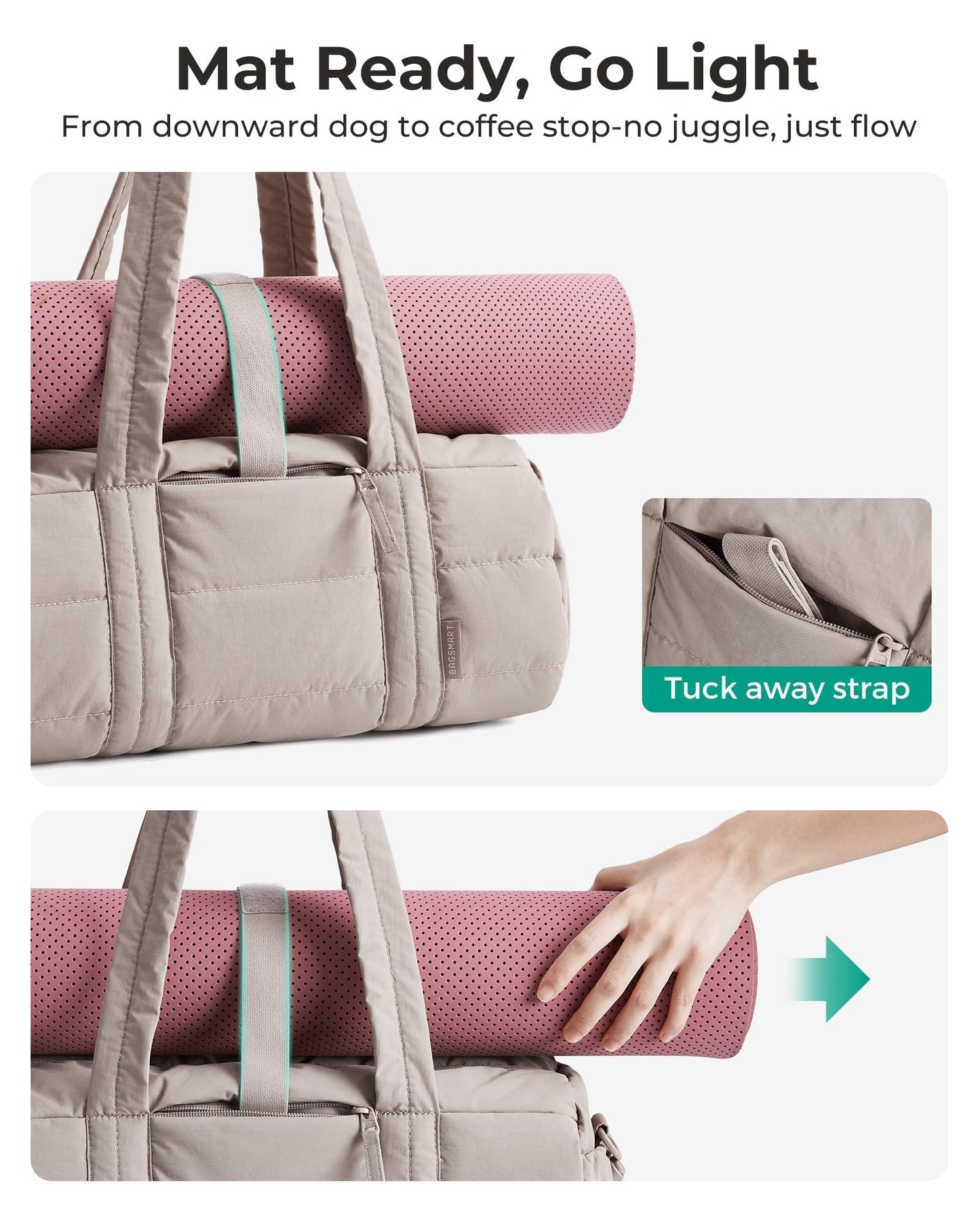 BAGSMART Gym Bag for Women, Yoga Mat Duffle Bag with Wet & Dry Pocket, Quilted Sports Bag for Weekend/Swimming, Candy Pink