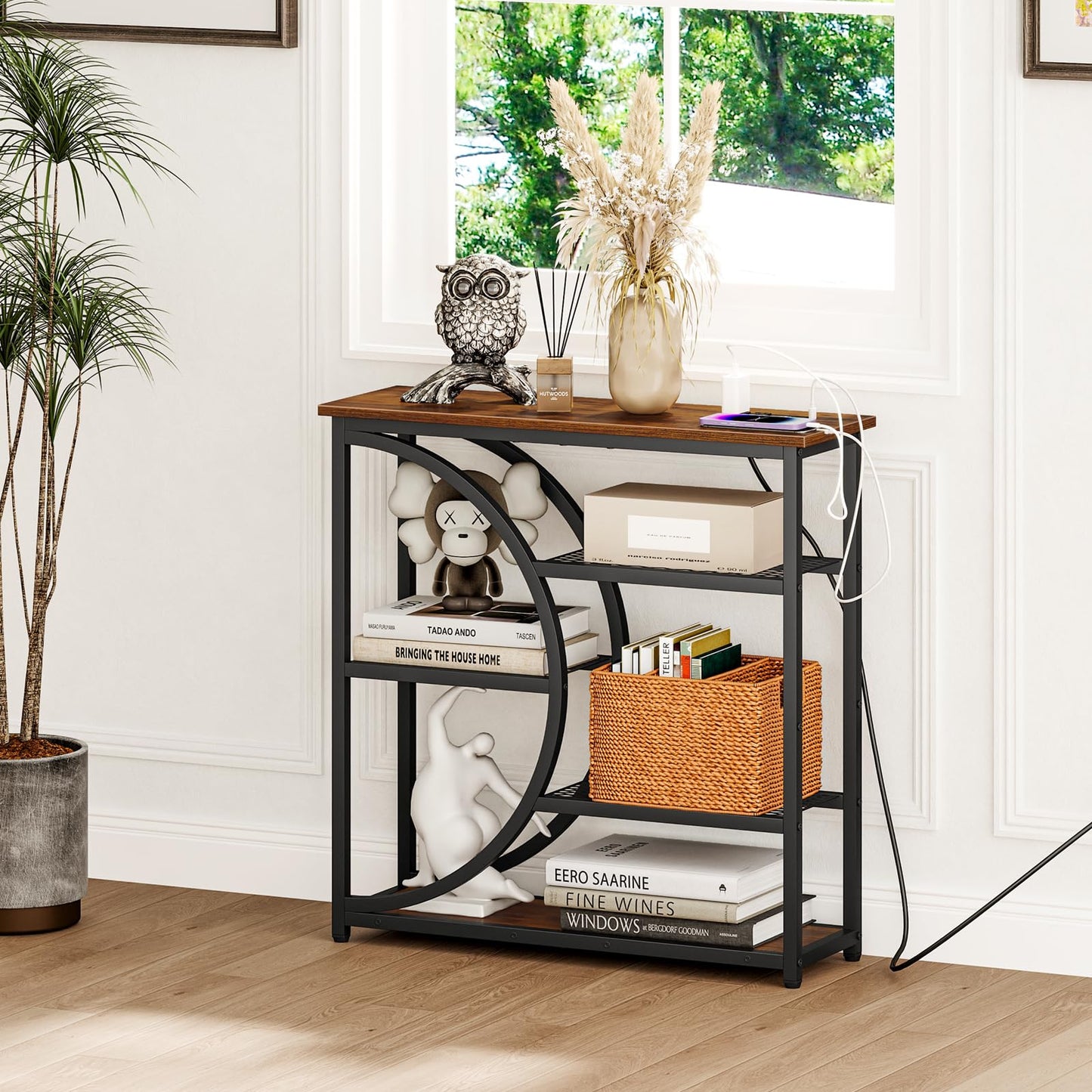 Snughome Entryway Table, Console Table with Charging Station, Industrial Narrow Sofa Table with 5 Tier Storage Shelves, Entrance Table for Hallway, Behind The Couch, Living Room, Foyer