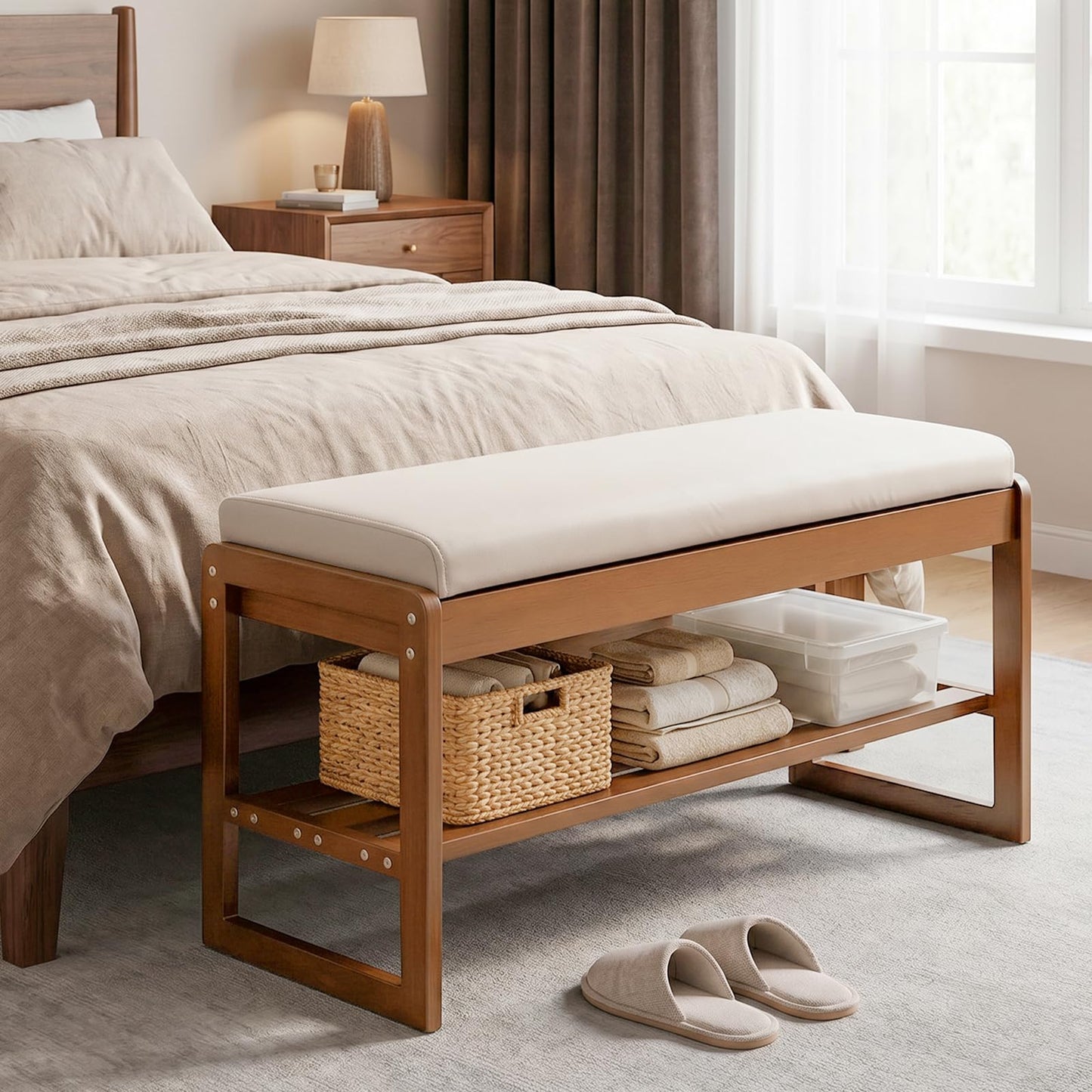 Moutosne Shoe Rack Bench with Cushion, 2-Tier Entryway Bench with Storage for Front Entrance, Hallway Living Room Bedroom (Brown, 31.5")