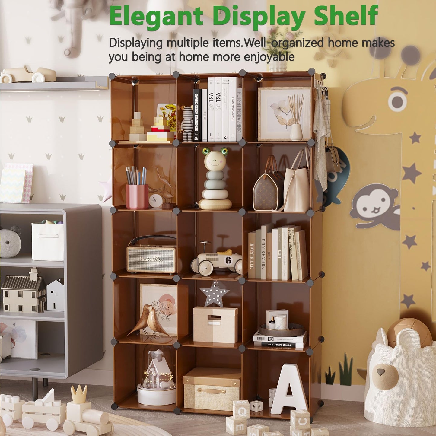 C&AHOME 16-Cube Storage Organizer, Plastic Shelves Units, DIY Closet Organizer, Modular Shelves Ideal for Home, Bedroom, 48.4" L 12.4" W 48.4" H Brown UPCS16C