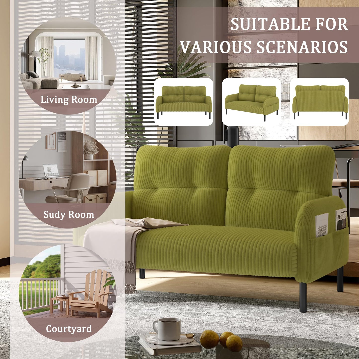 KEIKI 47" Corduroy Loveseat Sofa with Double Side Pockets & High Resilience Cushion, Modern Style Ergonomic Design Upholstery Oversized 2-Seater Couch, Easy Assembly, for Living Room, Olive Green
