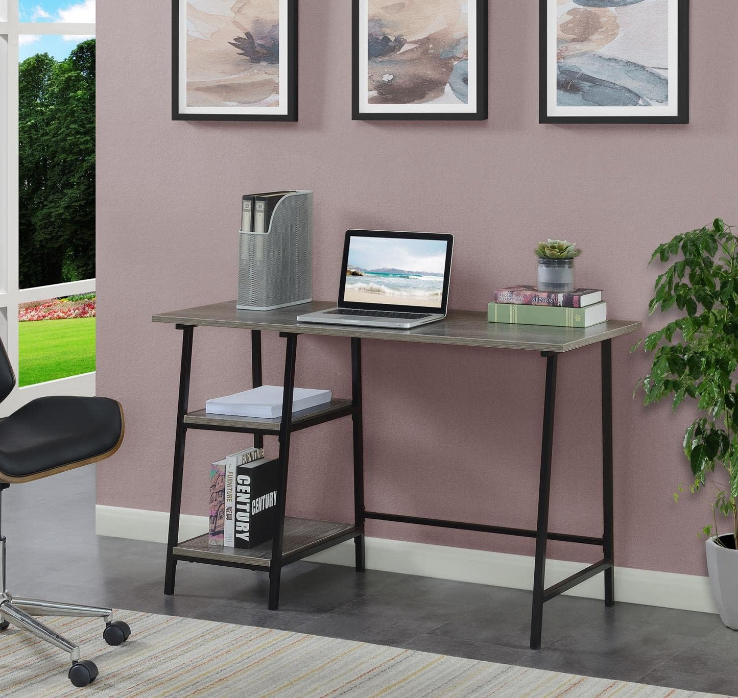 Convenience Concepts Designs2Go Trestle Wood Metal Desk, Weathered Gray/Black