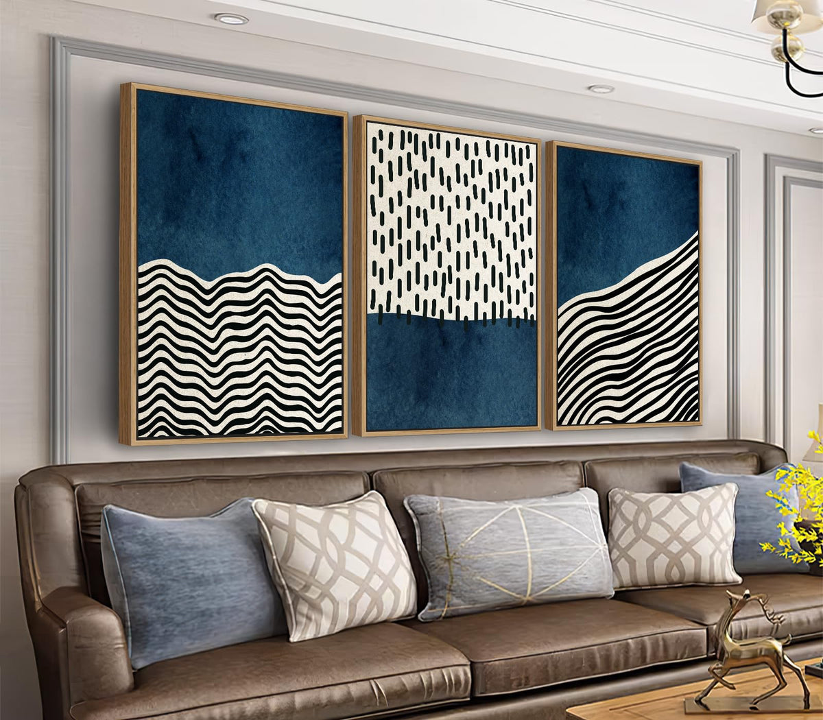 Framed Wall Art Canvas Set Mid Century Boho Picture Modern Abstract Geometric Lines Wall Decor Minimalist Black Indigo Canvas Painting Artwork Living Room Bedroom Home Office 24"x36"x3 Natural