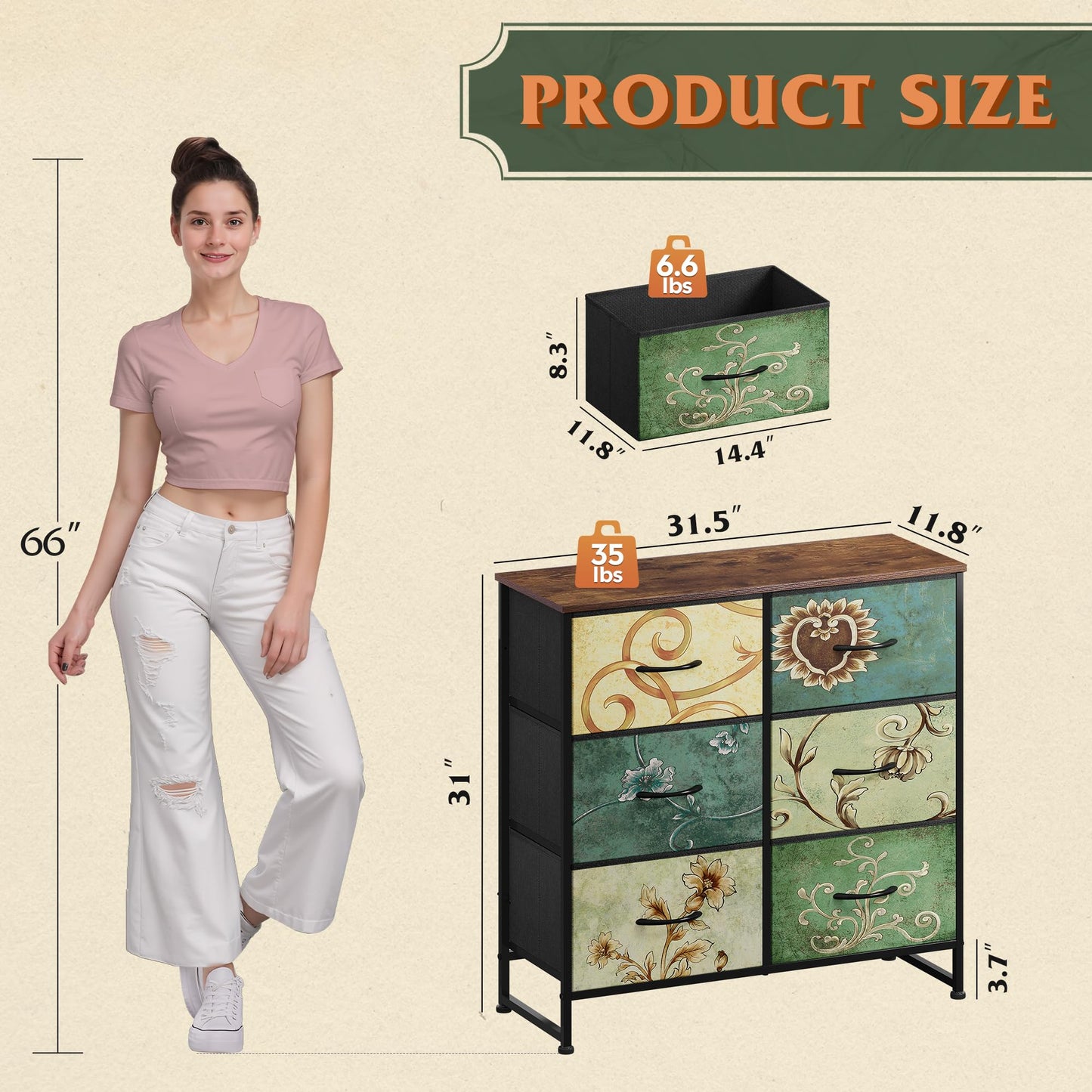 WLIVE Dresser for Bedroom with 6 Fabric Drawers, Closet Dresser with Metal Frame, Wooden Top, Chest of Drawers for Closet, Living Room, Hallway, Floral Painted