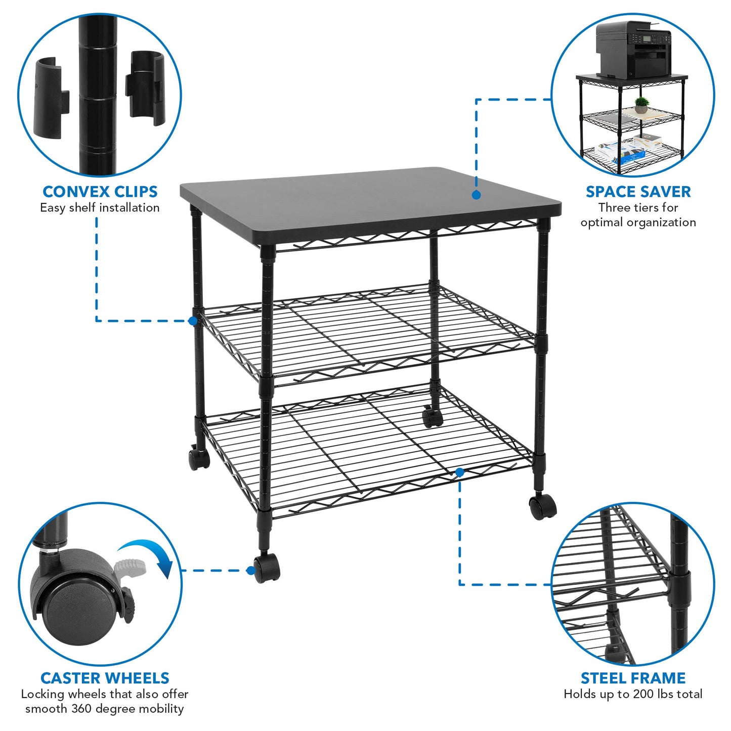 Mount-It! Printer Stand With Wheels | 3-Tier Large Printer Cart With Storage Shelves For 3D & Laser Printer, Scanner, Heat Press | Rolling Metal Utility Table For Home and Office Use, 200 Lbs Capacity