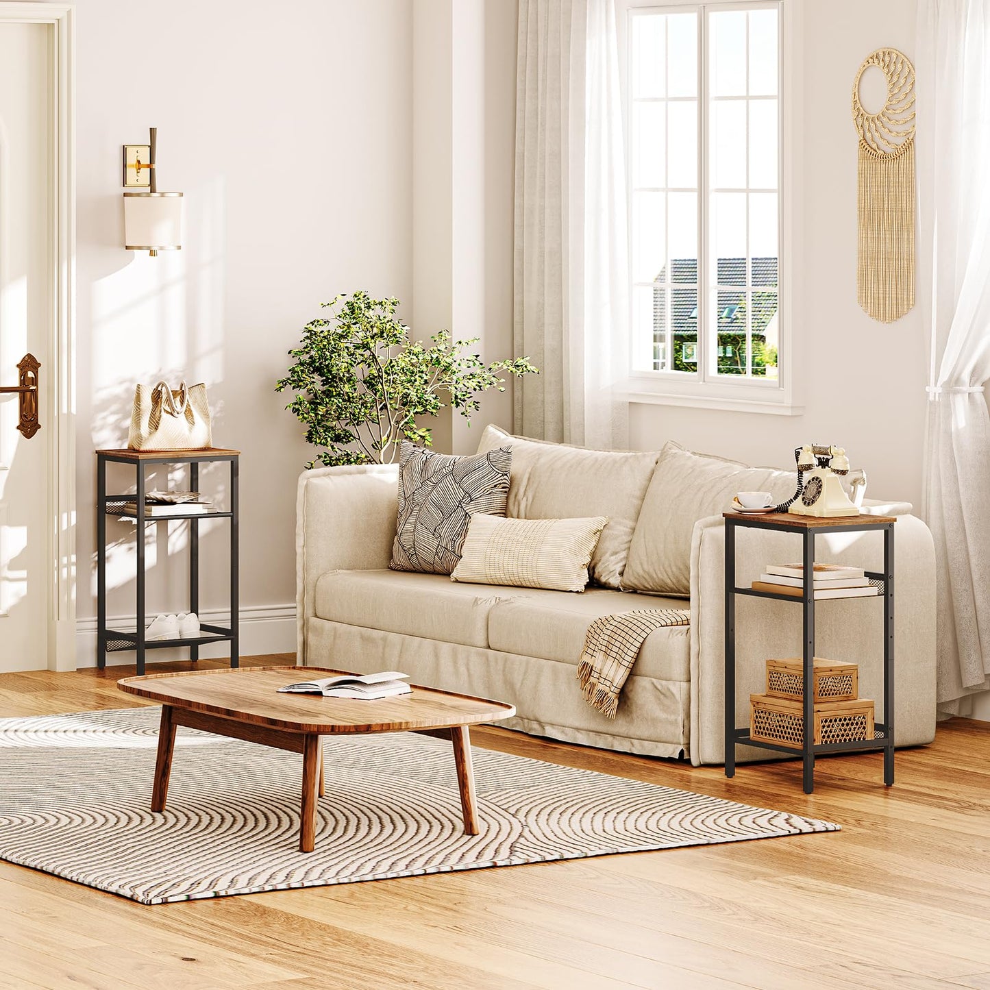 HOOBRO Side Table, 3-Tier Tall End Telephone Table with Adjustable Mesh Shelves, Small Entry Table for Living Room Bedroom Hallway or Office, Rustic Brown and Black BF01DH01G1