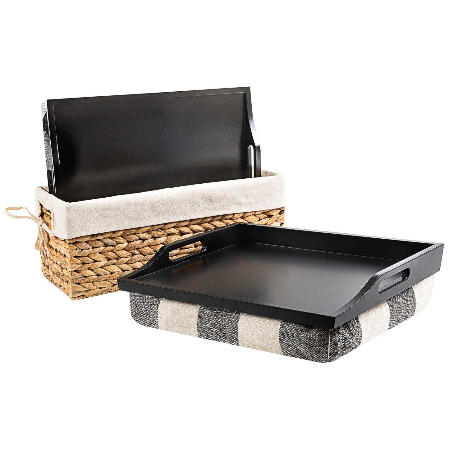 ROSSIE HOME Wood Bed Tray Lap Desk - Set of Two - with Hyacinth Storage Basket - Buffalo Check - Fits up to 15.6 Inch Laptops - Style No. 70108