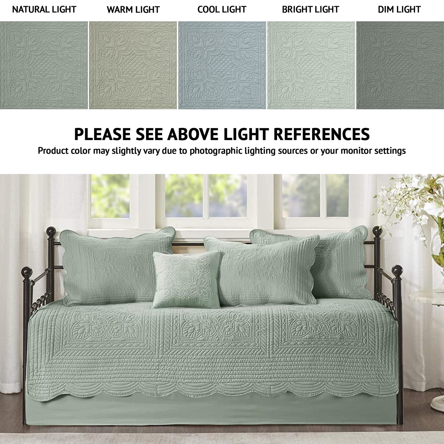 Madison Park Daybed Cover Set Damask Quilted Cover for Daybeds, All Season, Pre-Washed Cotton-Filled Coastal Bedding Scallop Edge, Shams, Bedskirt, Décor Pillows, Tuscany, Seafoam, 39"x75", 6 Piece