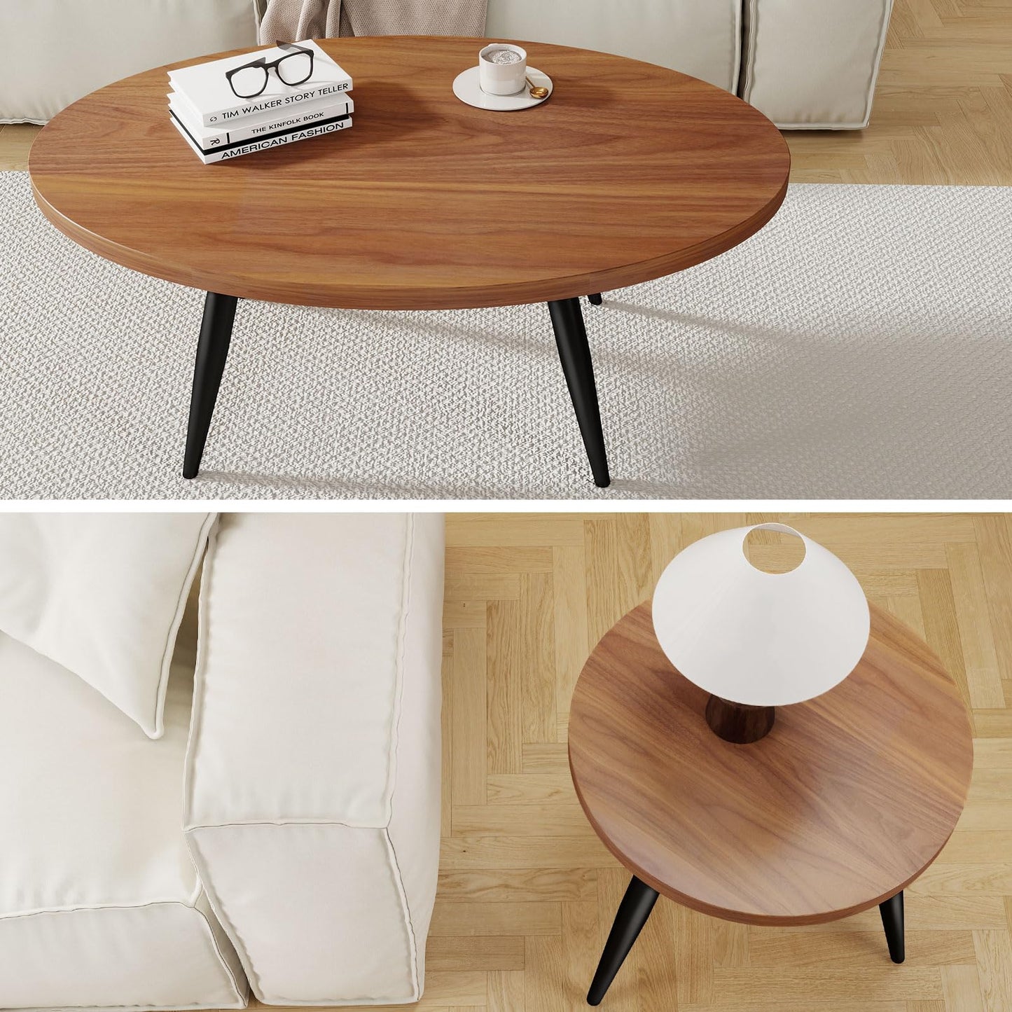 Permory 2-Piece Nesting Coffee Table Set, Oval & Round Mid-Century Modern Side Tables with MDF Tabletop & Metal Tapered Legs, Accent Table Set for Living Room, Small Spaces, Walnut