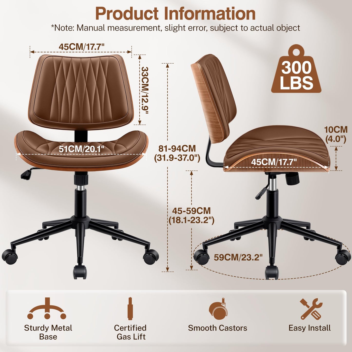 Ergonomic Armless Office Desk Chair - Mid-Century Modern Brown Faux Leather with Diamond Stitch, Adjustable Height Swivel Rolling Task Computer Chair with Walnut Accent for Home Office, Study & Work