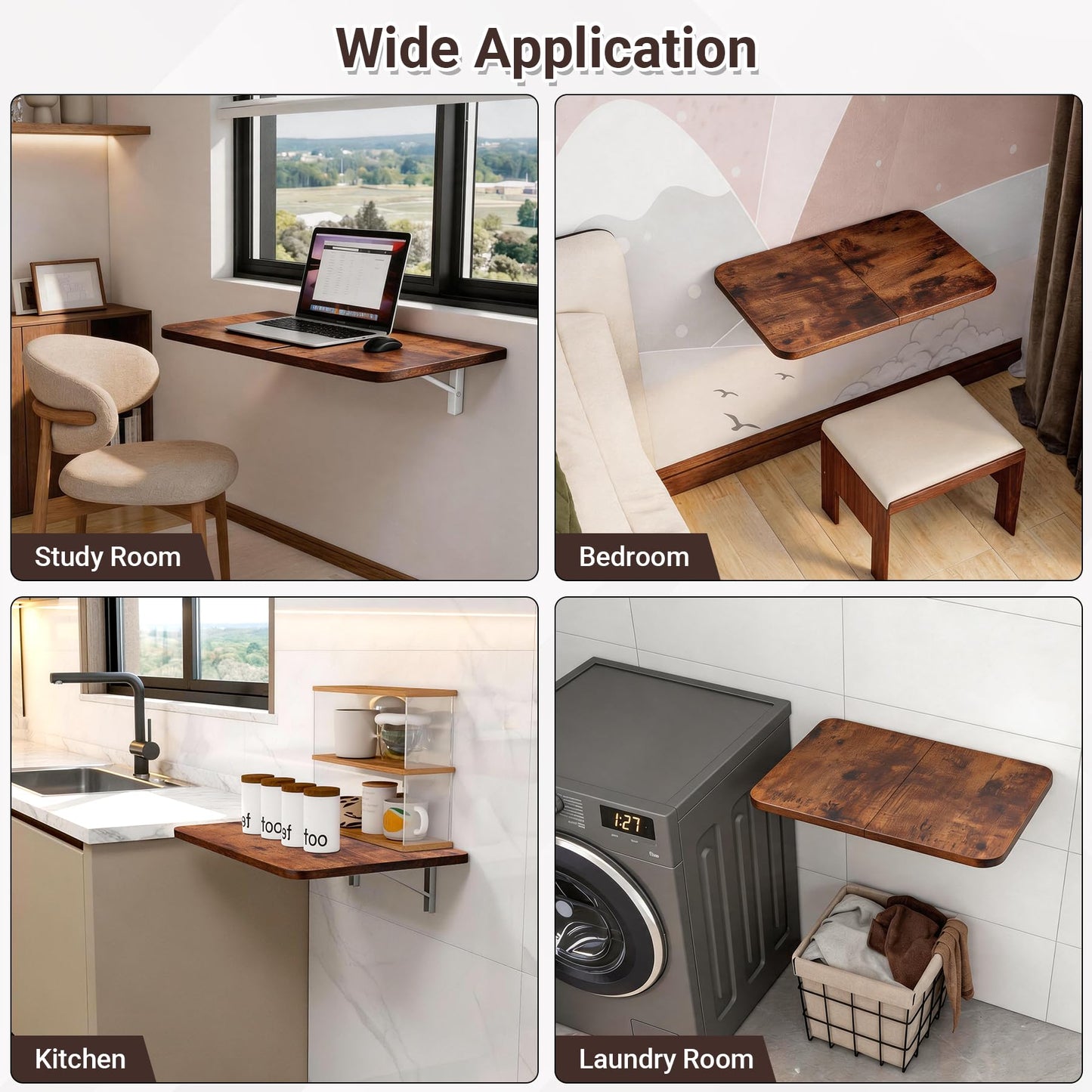 Neoaider Wall Mounted Folding Desk 23.6” x 15.7”, Drop Down Table with Metal Collapsible Brackets, Folding Wall Table for Small Spaces, Home, Office, Kitchen, Laundry Room-Brown