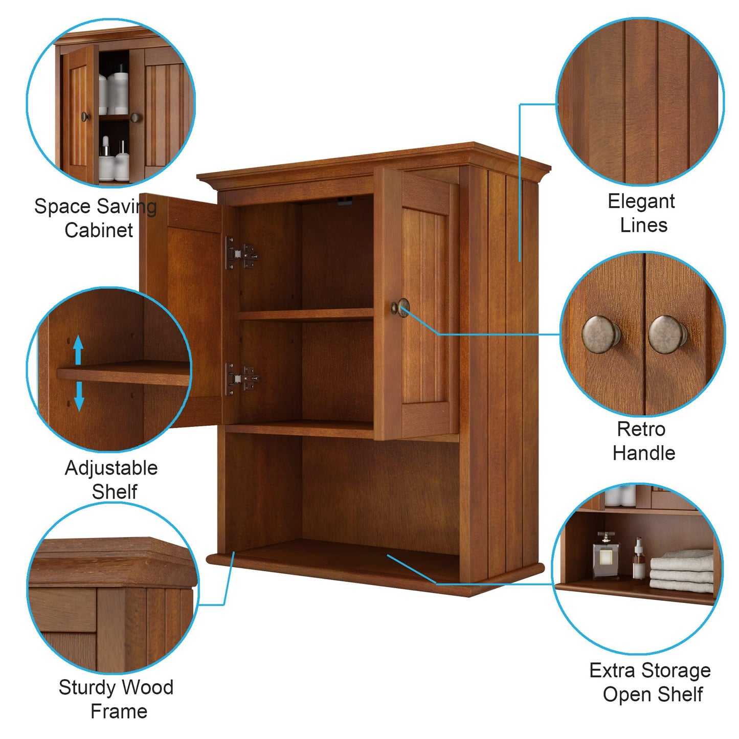 Treocho Wood Wall Cabinet, Bathroom Medicine Cabinet Storage with Doors and Adjustable Shelf, Rustic Cabinet Wall Mounted for Bathroom, Livingroom, Kitchen, Cupboard, Reddish Brown