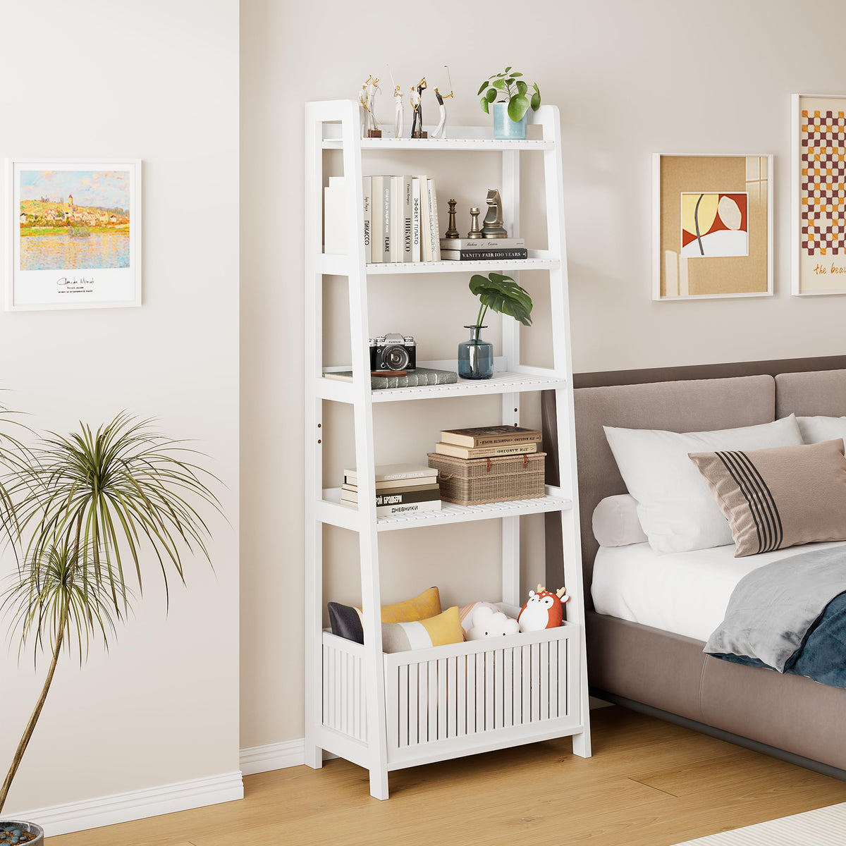 Bamjoy Bamboo White Bookshelf with Slatted Basket, Ladder Bookcase with 4 Display Shelves and 1 Open Storage Basket, Multifunctional Storage Rack Organizer for Home Office, Bedroom, Living Room, 66” H