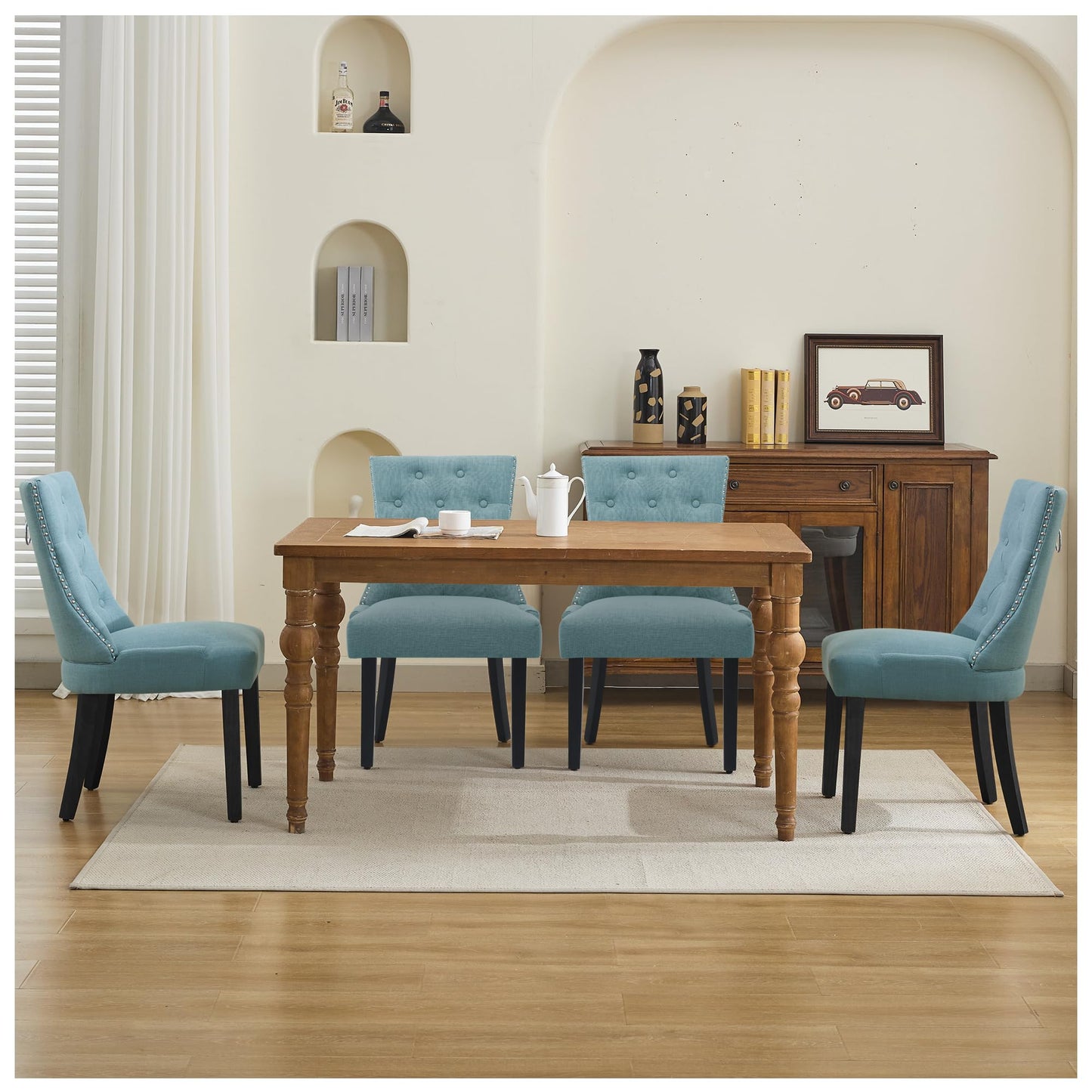 UDAX Upholstered Tufted Dining Chairs Set of 4, Fabric Side Dining Room Chairs with Nailhead Back Ring Pull Trim Solid Wood Legs, Blue