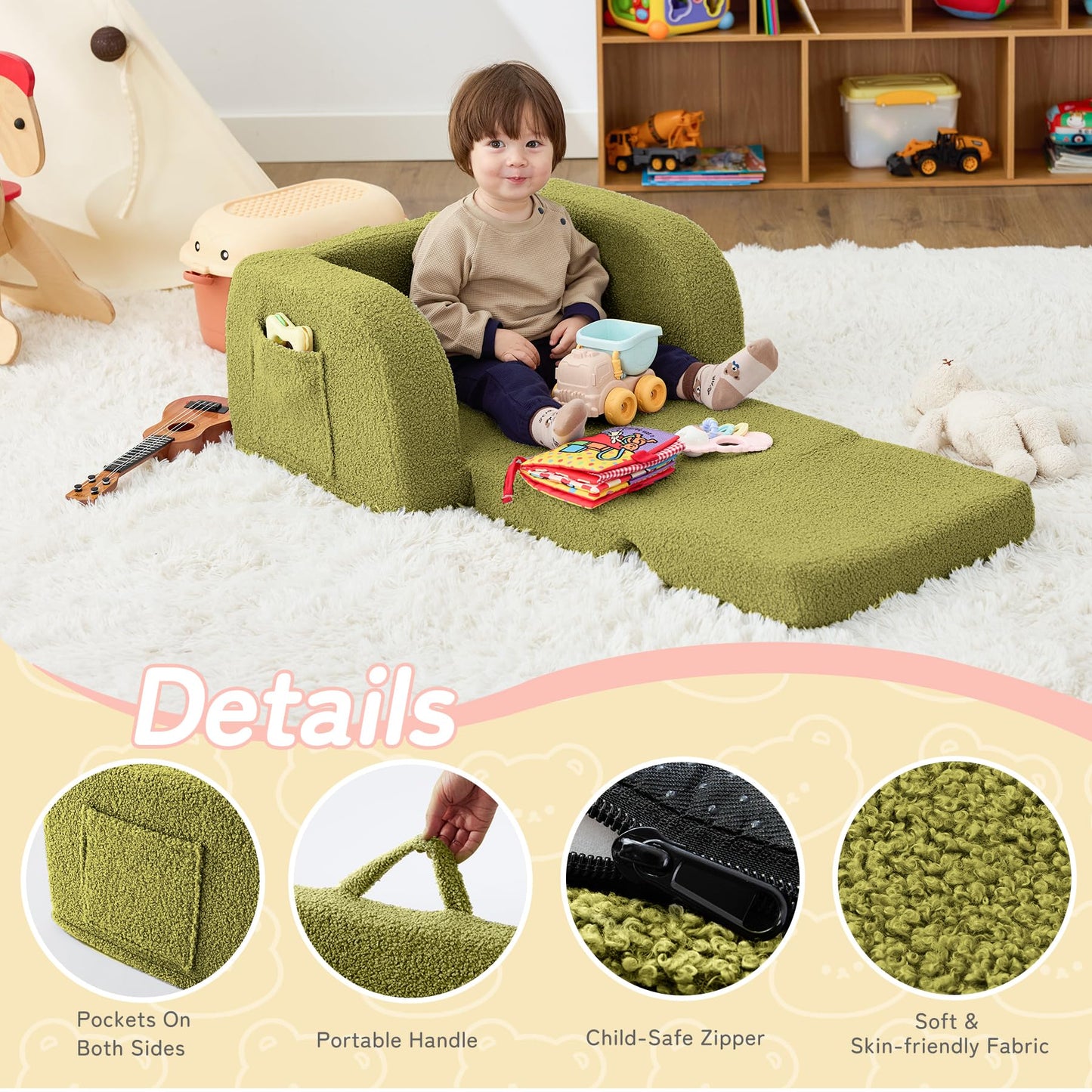 Toddler Couch, 2-in-1 Toddler Chairs Comfy 1-3 Years Old, Toddler Chair for Girls and Boys, Kids Couch Bed Fold Out, Convertible Baby Sofa to Lounge Chair for Playing, Reading, Napping, Green