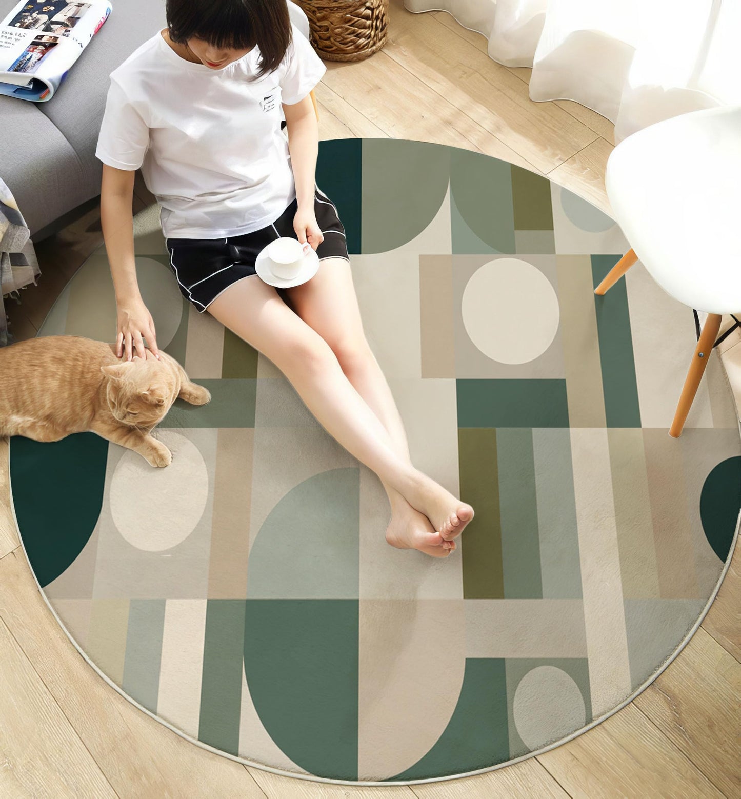 Geometric Abstraction Round Rug - 6Ft Washable Area Rug, Non-Slip Small Bathroom Rugs, Lightweight Semi-Circular Shape Print Carpet for Entryway, Sofa,Kids Room,Green