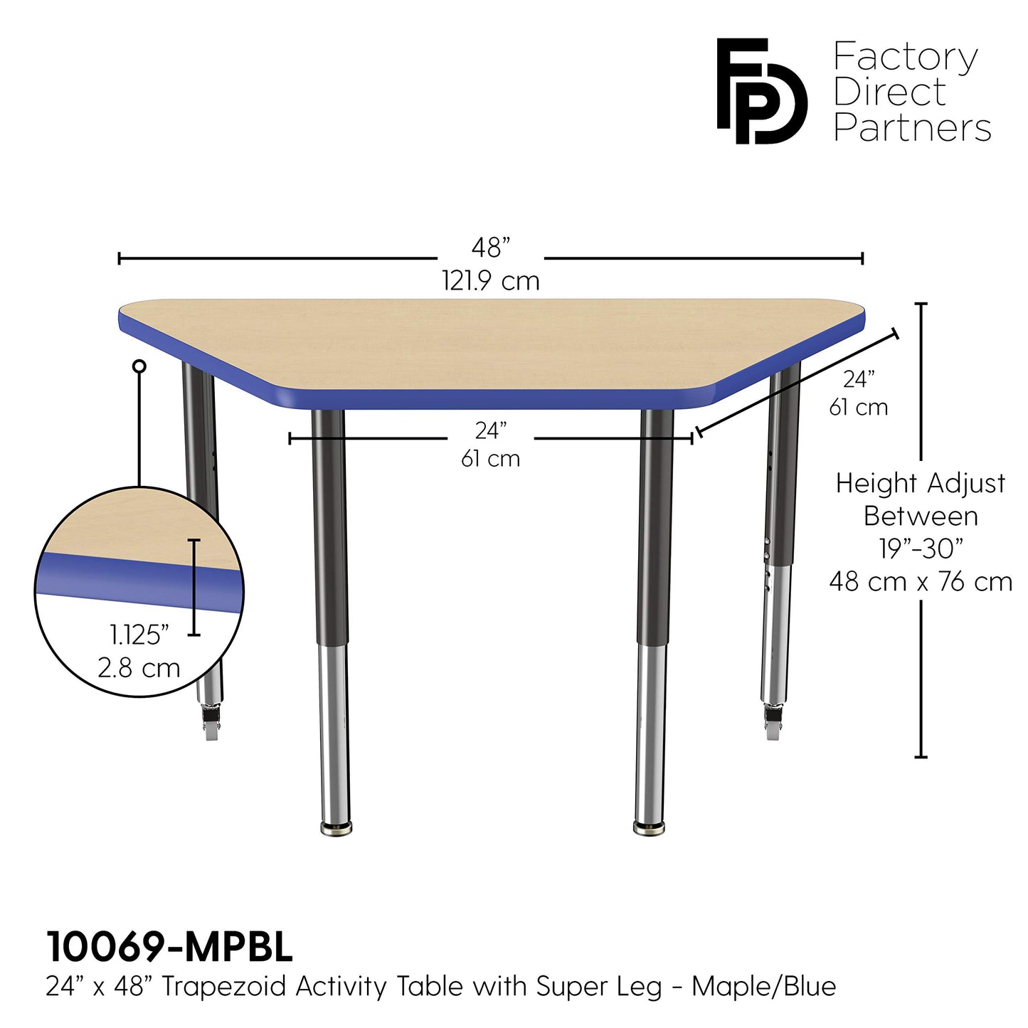 FDP Mobile Trapezoid Activity School and Office Table (24 x 48 inch), Super Legs with Glides and Casters for Collaborative Environments, Adjustable Height 19-30 inches - Maple Top and Blue Edge