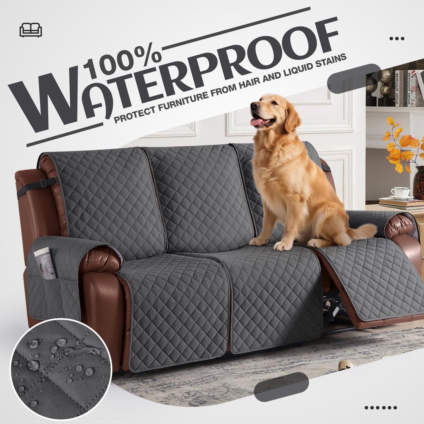 KinCam Waterproof Recliner Sofa Cover, Non-Slip Reclining Couch Covers for 3 Seat, Recliner Couch Cover Furniture Protector with Elastic Straps for Pets, Kids, Charcoal Gray