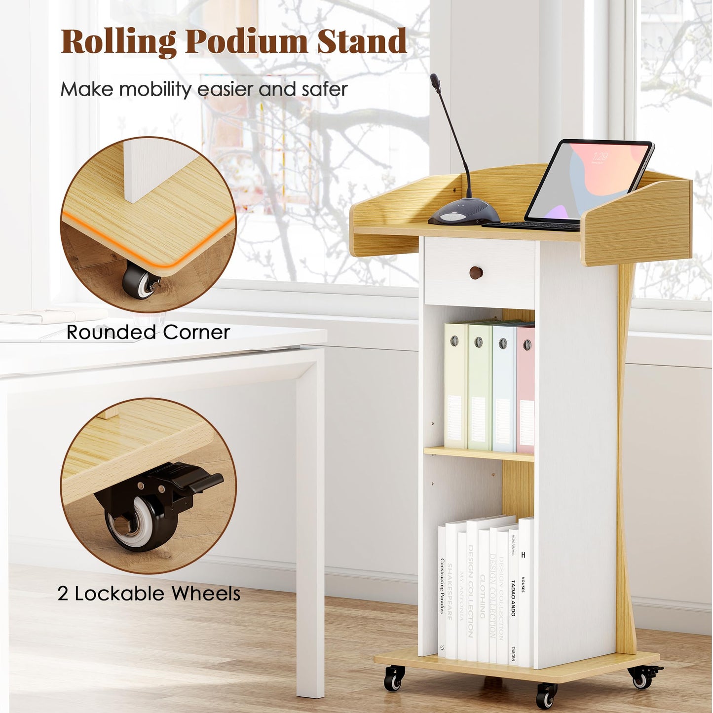 Qriocioa Podium Stand with Metal Wheels Wooden Lectern Podium Stand Portable Pulpit Standing with Storage Mobile Reception Podiums Desk for Church Office School Conference Restaurant Meeting,Wood