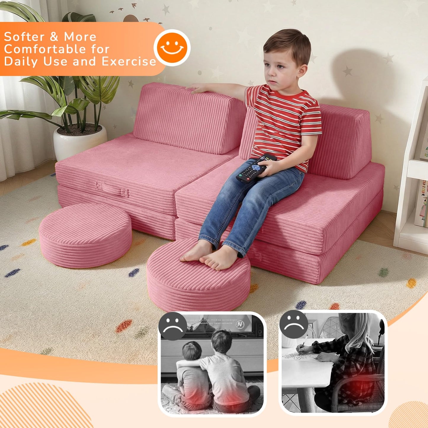 MeMoreCool Kids Couch for Playroom, Corduroy Convertible Toddler Couch, 8 Piece Modular Play Sofa, Foam Fort Building Set for Child Room Furniture, Pink
