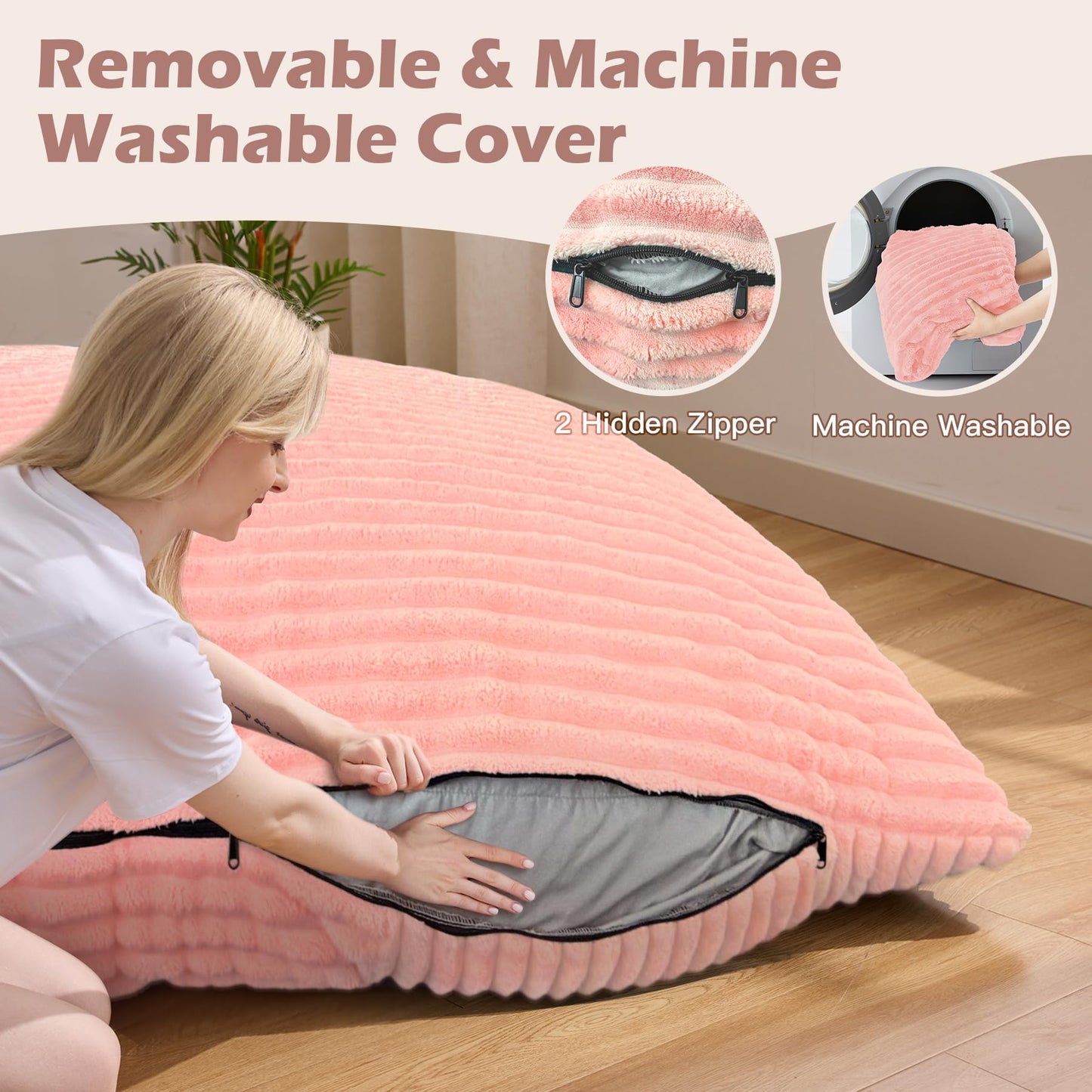 MuaMelop Bean Bag Chair, Giant Bean Bag Chair, 4 in 1 Convertible Beanbag Chairs for Adults with Removable Cover, Memory Foam Floor Cushions, Living Room, Bedroom, Pink
