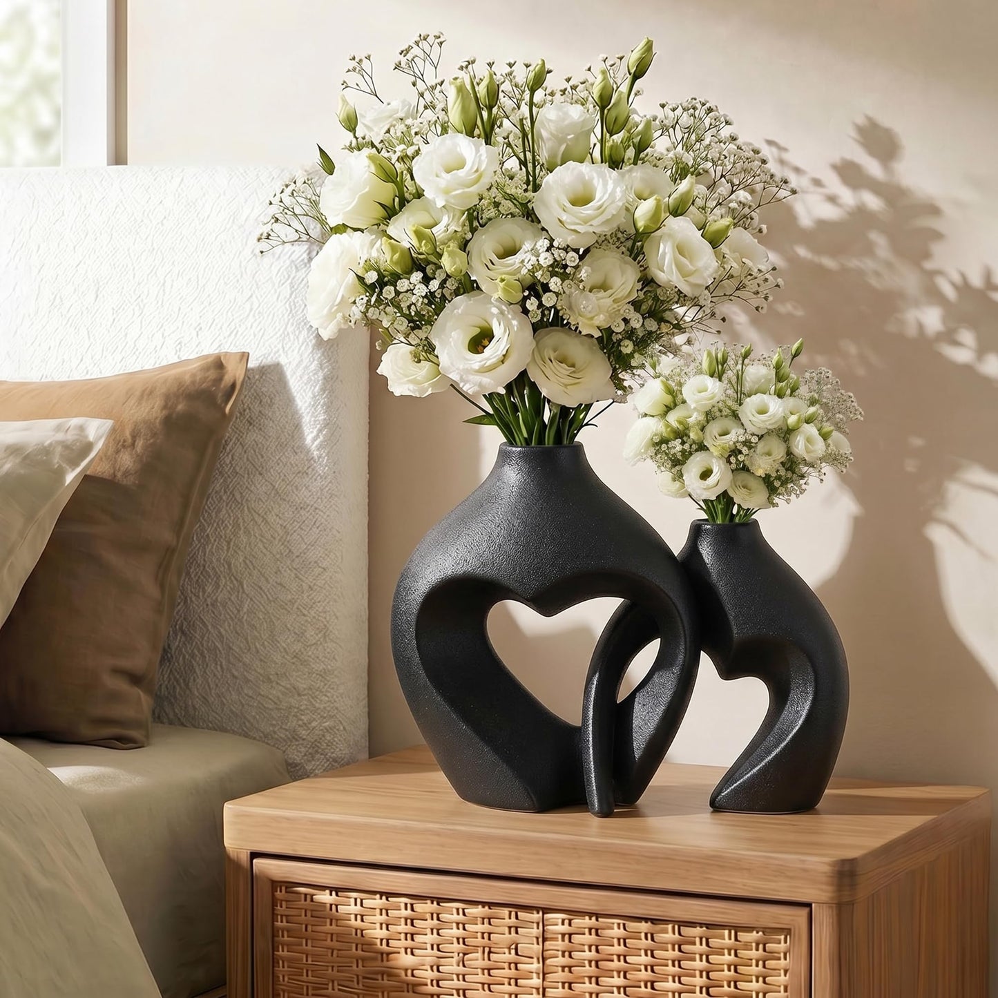 Black Ceramic Flower Vases Home Decor Heart Shaped Vase Set of 2