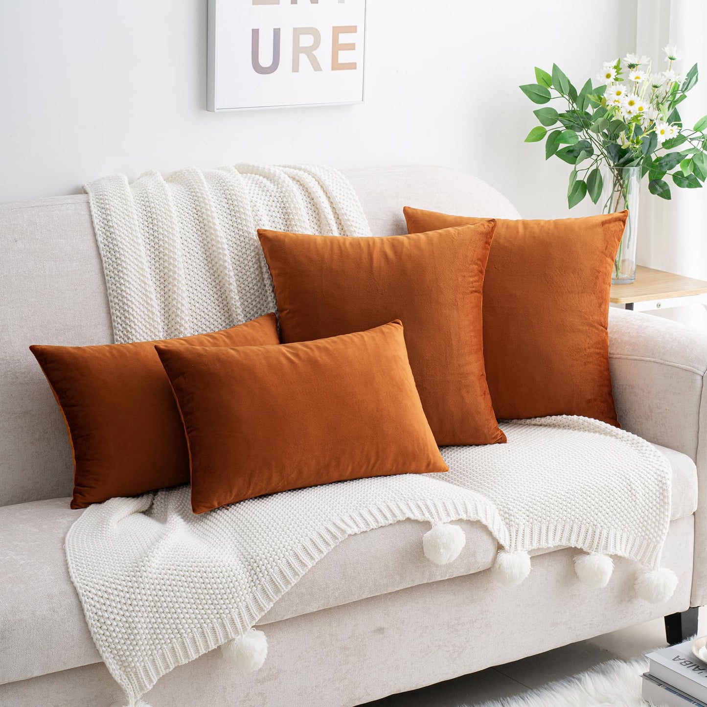 HWY 50 Burnt Orange Velvet Throw Pillow Covers 18x18 Inch, Pack of 2 Soft Cozy Solid Decorative Luxury Fall Cushion Cases for Couch Sofa Bed Living Room Bedroom