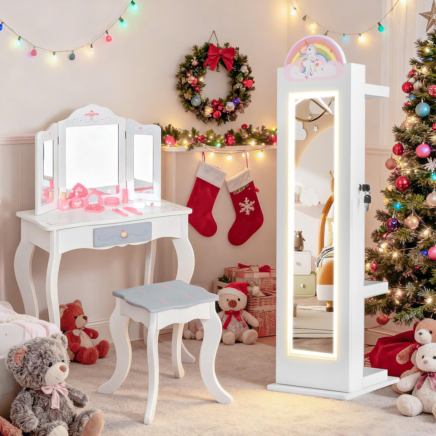 INFANS Kids Jewelry Armoire Cabinet with LED Lights, Lockable Standing Organizer with Full-length Mirror, Unicorn Theme Children Vanity Dress Up Storage Rack for Girls