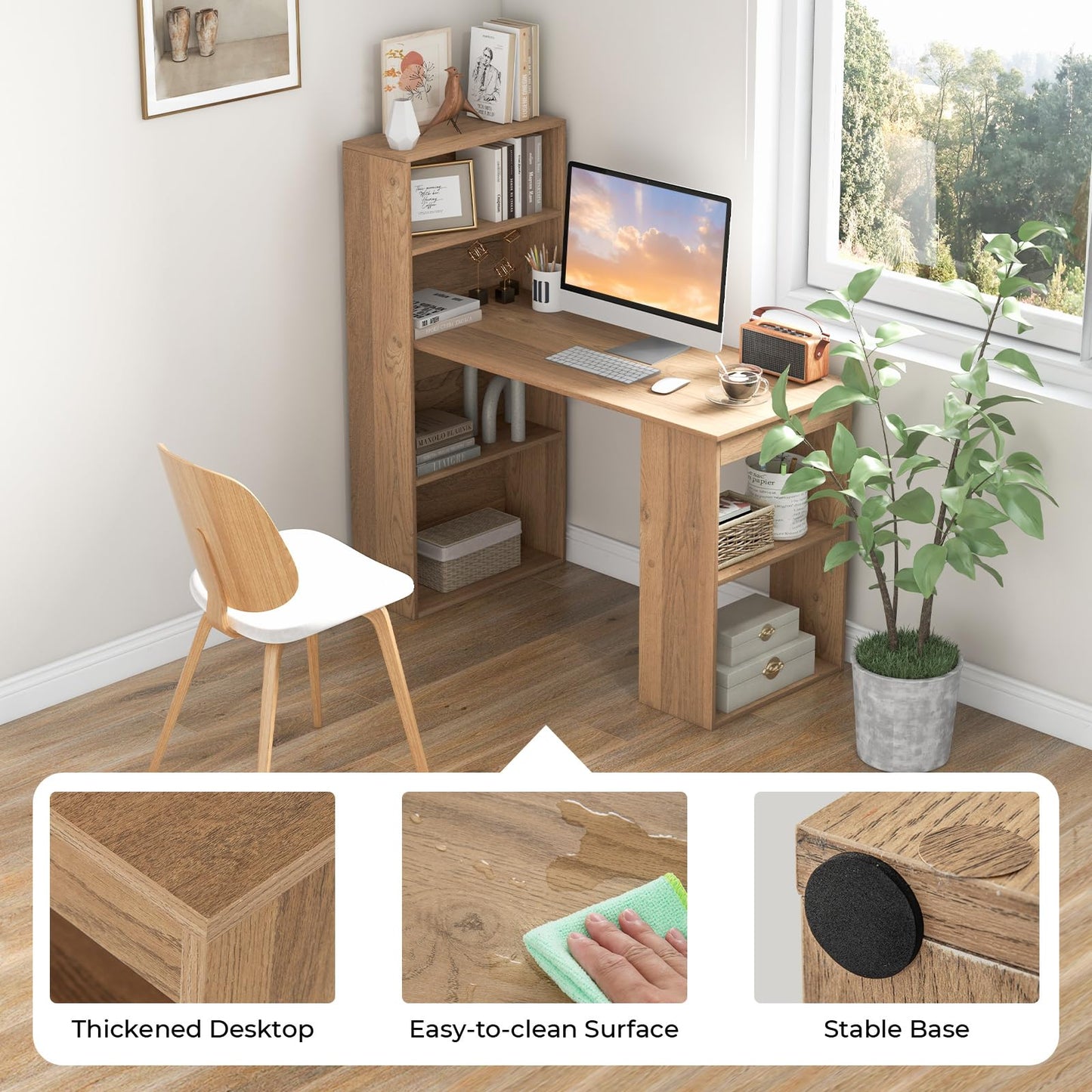 GRAFFY Computer Desk with 6 Storage Shelves - 48" Reversible Writing Desk Workstation with Bookshelf and CPU Stand, Modern Compact Office Desk for Bedroom, Study, Home, Office (Natural)