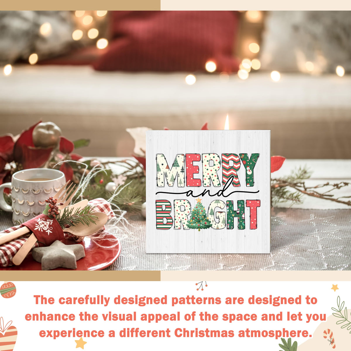 OXRUN Christmas Table Decorations, Merry and Bright Wooden Box Sign Decorative, Xmas Holiday Gifts for Women Men Home Office Shelf Decor 6 x 6 Inches - F07
