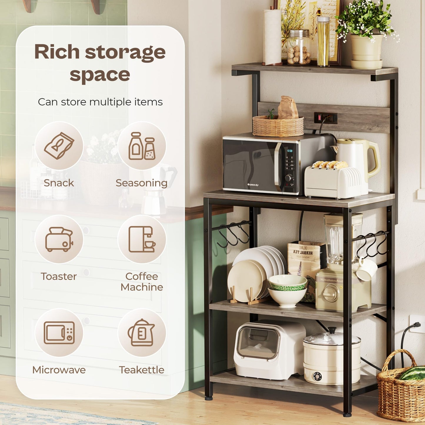 SUPERJARE Kitchen Bakers Rack with Power Outlet, Coffee Bar Table 4 Tiers, Kitchen Microwave Stand with 6 S-shaped Hooks, Kitchen Storage Shelf Rack for Spices, Pots and Pans - Greige
