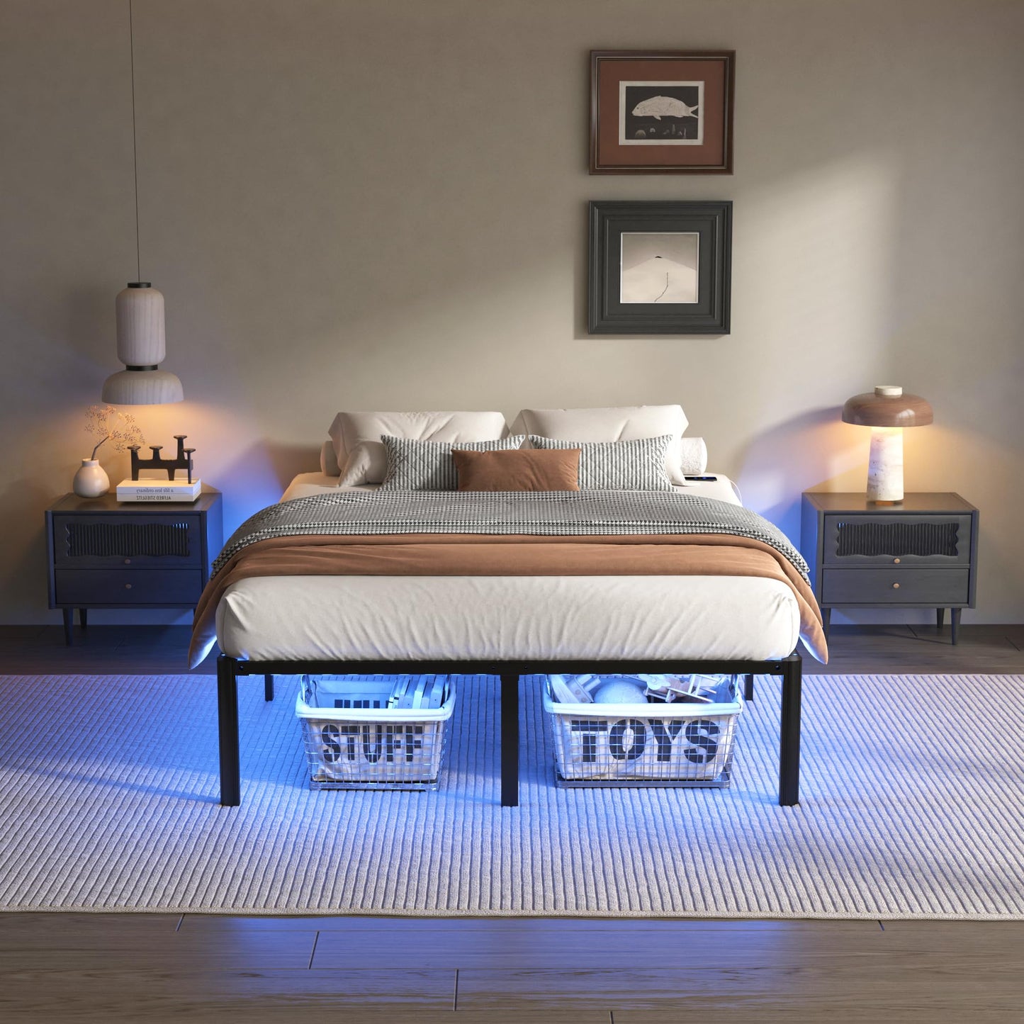 DORITRON Full Size Bed Frame with Led Lights, 14 inch Heavy Duty Metal Platform Bed Frame Full Size with Charging Station, No Box Spring Needed, Noise-Free