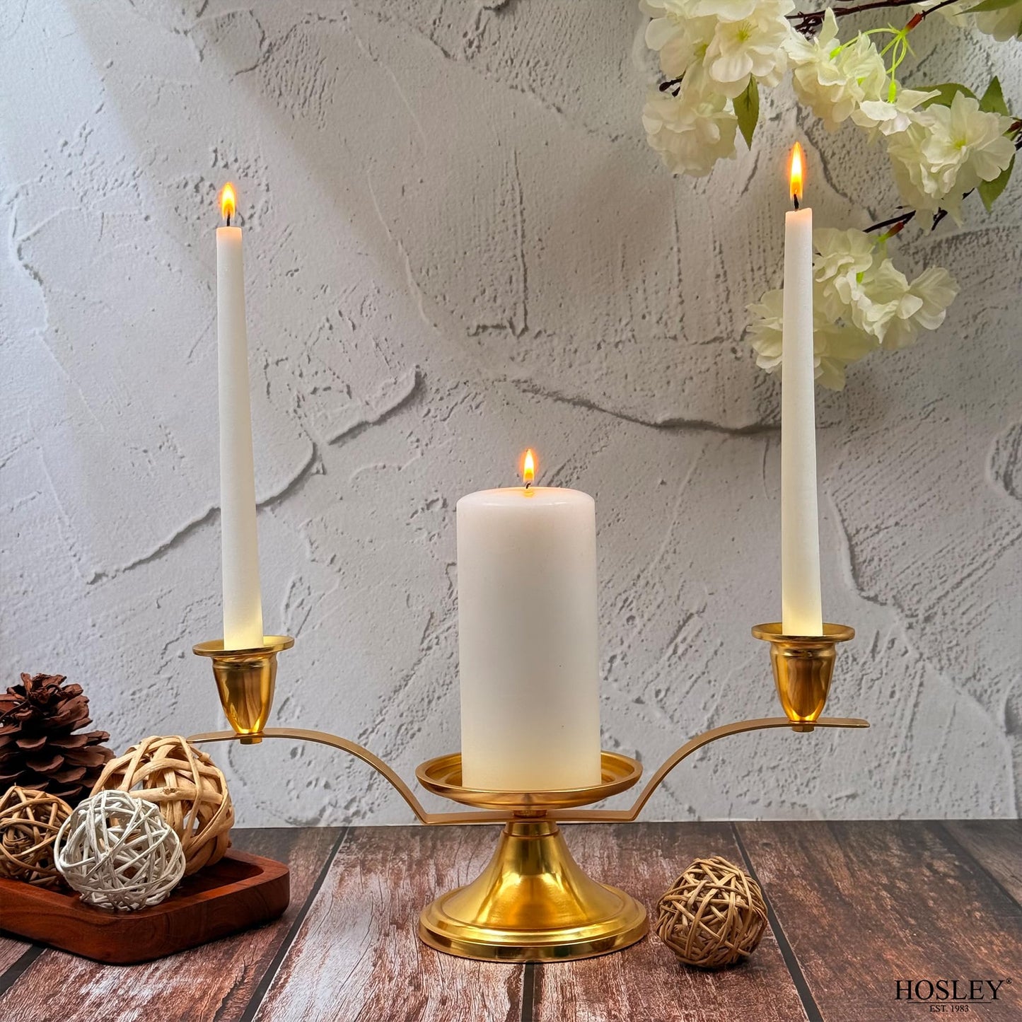 Hosley Gold Metal Unity Candle Holders Set for Wedding Ceremony, Includes 1 Pillar and 2 Taper Candles and one Metal Holder