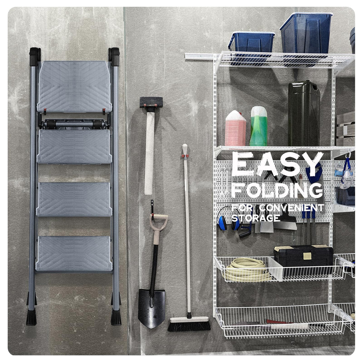 XinSunho 4 Step Ladder, Foldable Step Stool Ladder with Handrails & Tray, 660 lbs Heavy Duty Wide Pedals, Sturdy Steel Folding Ladder for Kitchen, Home, and Household Use(Silver, 4 Step)