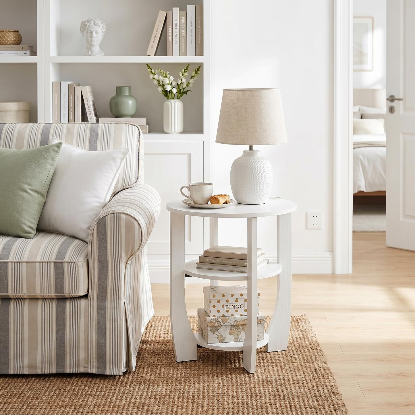 ZEXVIDA Round Side Table, 3-Tier End Table with Storage, 19.7 inch White Accent Table,Nightstand for Bedroom Living Room, Modern Design for Couch, Sofa, Recliner, Small Space