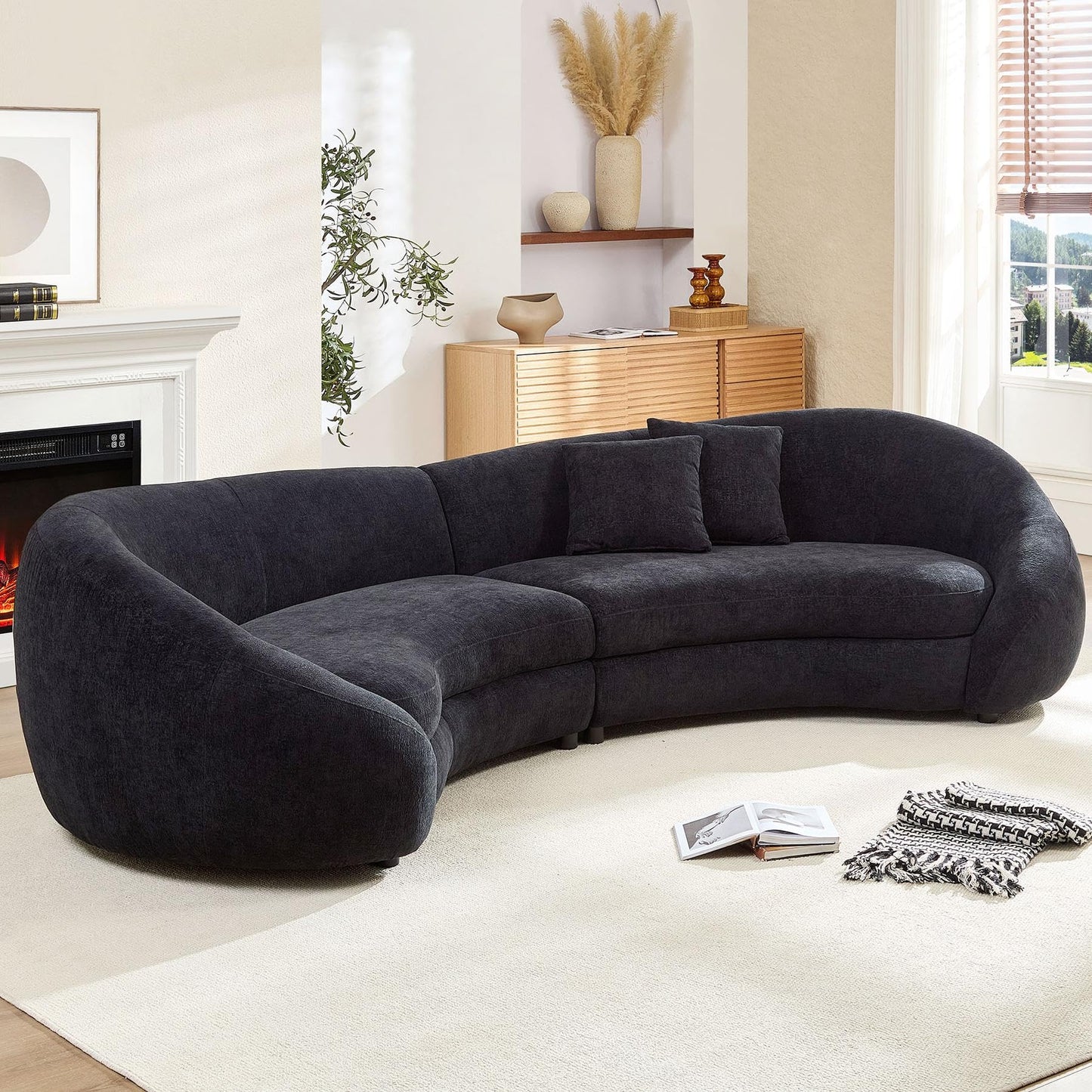 BBTJOINT Modern Curved Sectional Sofa, Contemporary Black Velvet Upholstered Couch, SemiCircular Design loveseat, Living Room Furniture,Half Moon Chaise