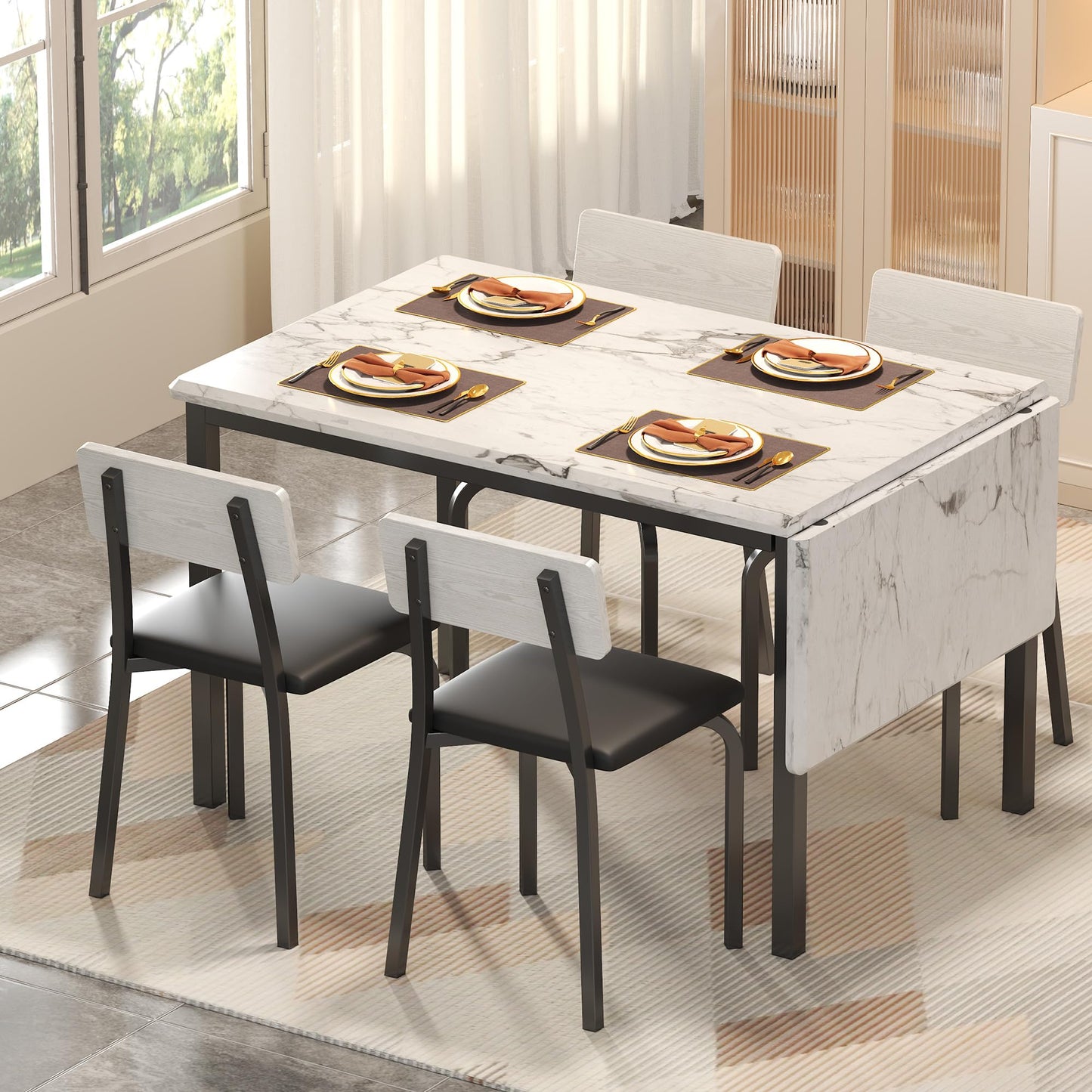 IRONCK 5-Piece 63" Extendable Dining Table with 4 Upholstered Chairs, Kitchen Table Set for 4-8 People, Dining Room Sets with MDF Wood Board, Drop Leaf Table Design for Space Saving, Marple White
