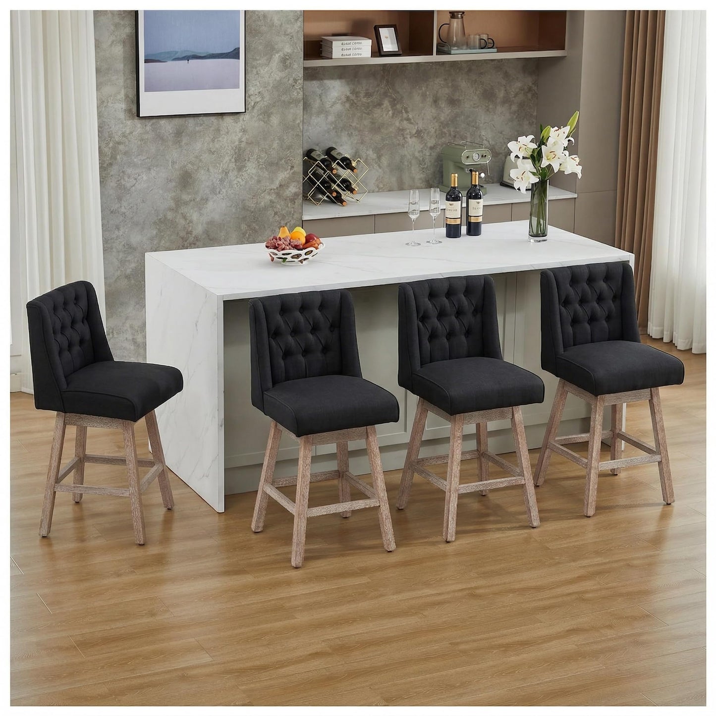 UDAX 26" Swivel Bar Stools Set of 4, Counter Height Barstools with Back, Linen Fabric Upholstered Bar Stools, Modern Barstools Wood Legs for Kitchen Island Dining Room Bar
