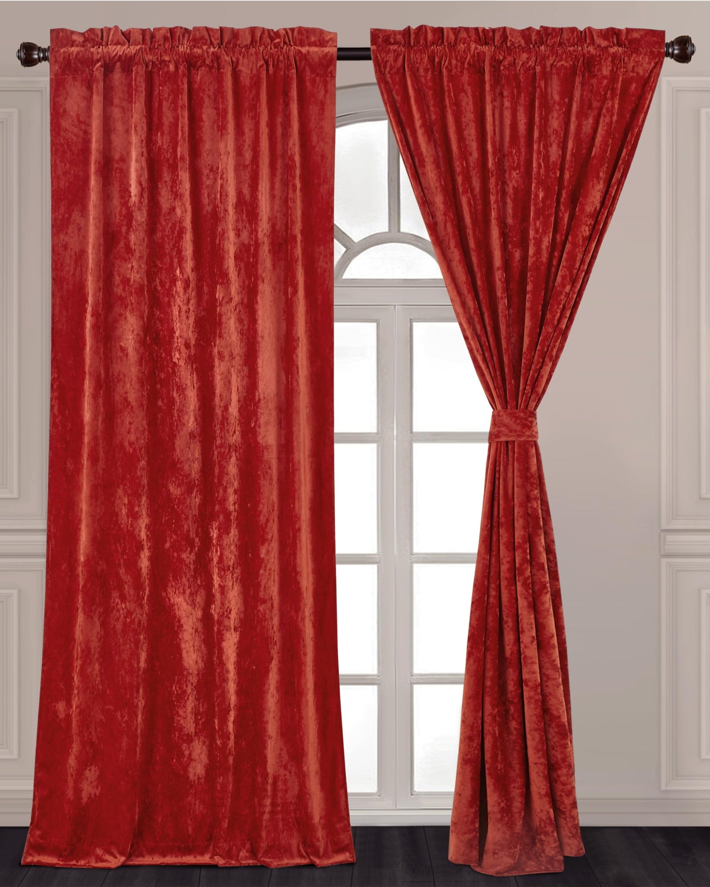 Chezmoi Collection Lux Brick Red Crushed Velvet Curtains 2 Panel Set - 72 inches Long Room Darkening Luxury Distressed Velvet Rod Pocket Window Drapes for Living Room Bedroom 50" W x 72" L