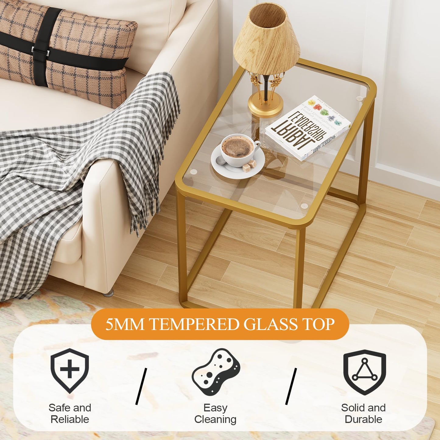 Garden 4 you Glass Side Table, Rectangle End Table with Metal Frame, Modern Bedside Table for Office, Bedroom, Living Room, Study,Small Spaces,Easy Assembly,23.6x15.7x20.8 Inches,Gold