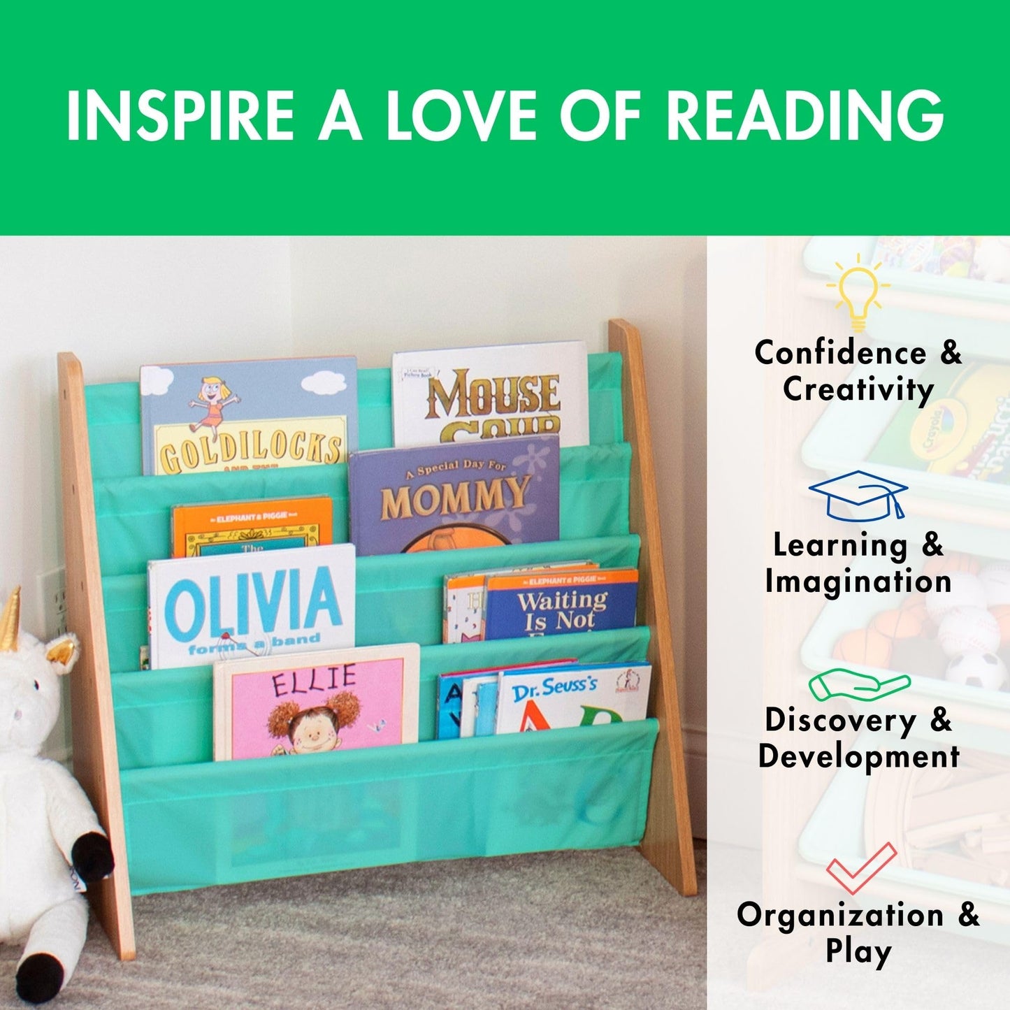 Humble Crew Kids Bookshelf, 4-Tier Front-Facing Book Display Organizer, Montessori Toddler Bookcase for Playroom, Bedroom & Reading Corner, Natural Wood/Seafoam Green