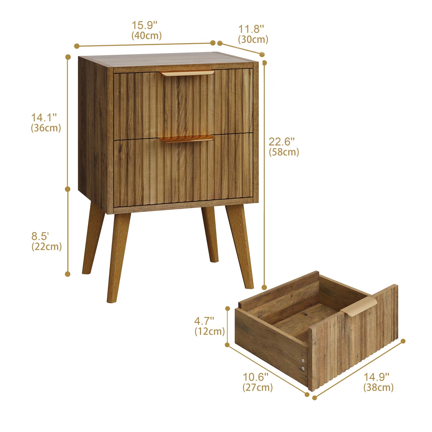 YAUKOMEL Mid Century Modern Nightstand,Small Bedside Table with 2 Drawers,Fluted Side Table,Walnut Brown End Table for Living Room,Bedroom,Small Space,Caramel Oak 11.8" D x 15.7" W x 22.8" H CTG55BR
