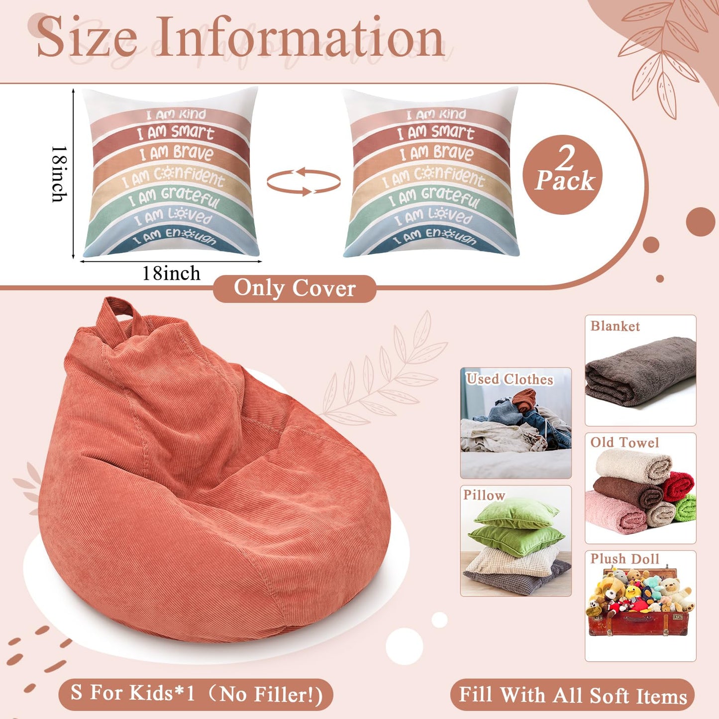 Cozy Corner for Kids Classroom, Plush Storage Bean Bag Cover (No Filler) and Rainbow Throw Pillow Covers, Reading Calming Corner Decor, Reading Nook, Nursery, Playroom Decor(Small,Rainbow,Dusty Pink)
